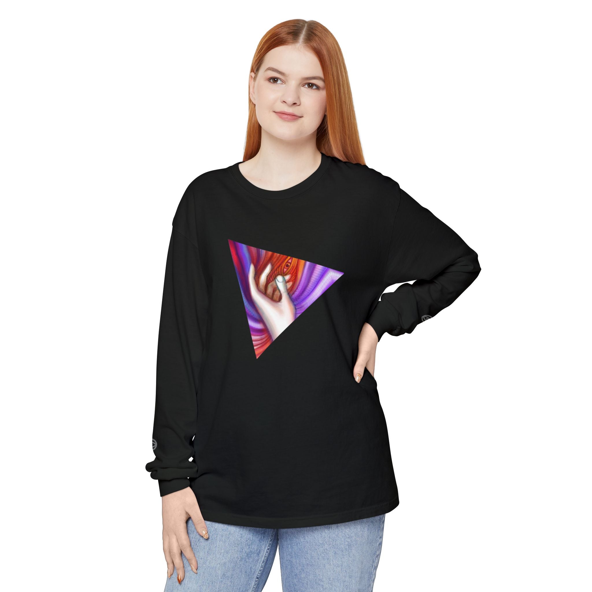 Long Sleeve T-Shirt — Triangular Hand Art Graphic (White) #sh26774