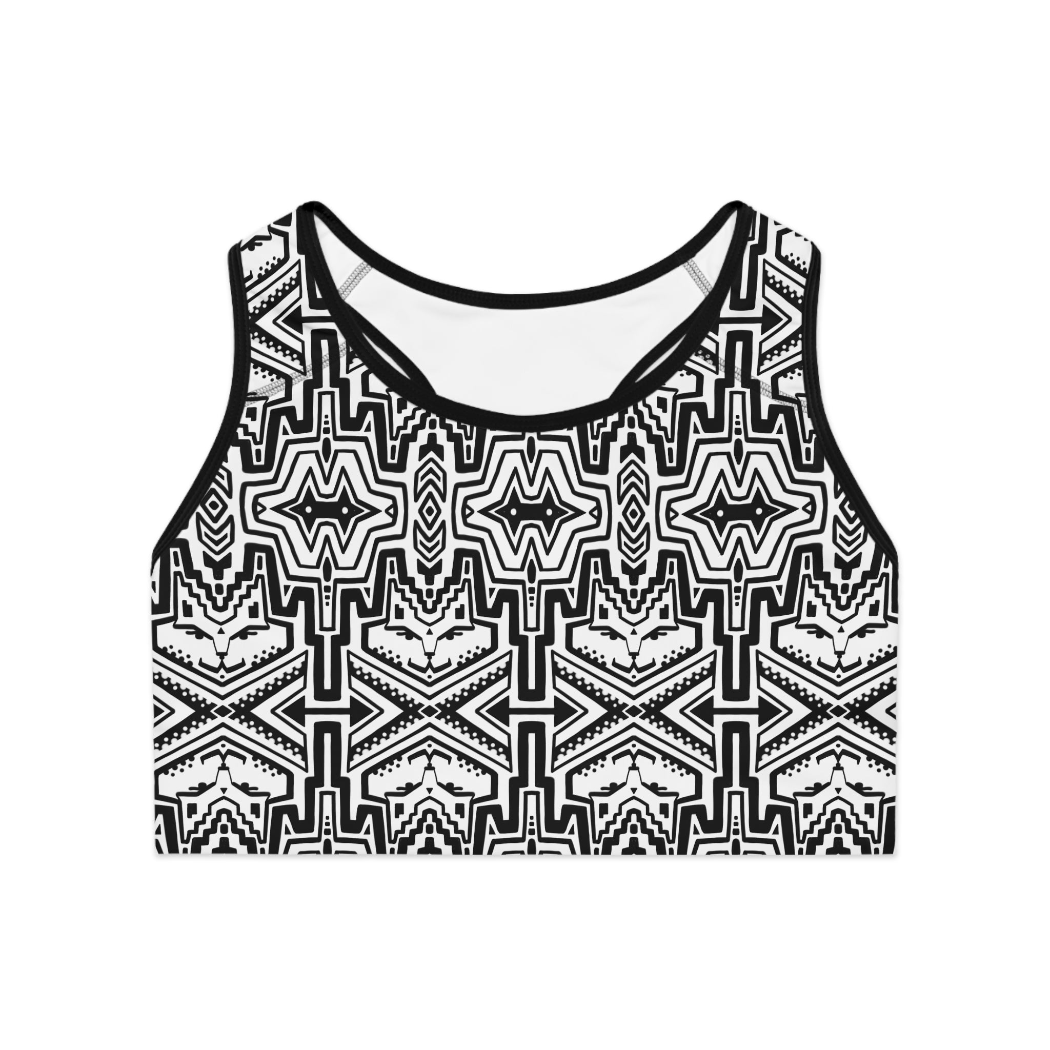 Black & White Tribal Pattern Sports Bra — Aztec-Inspired Activewear #y54333456