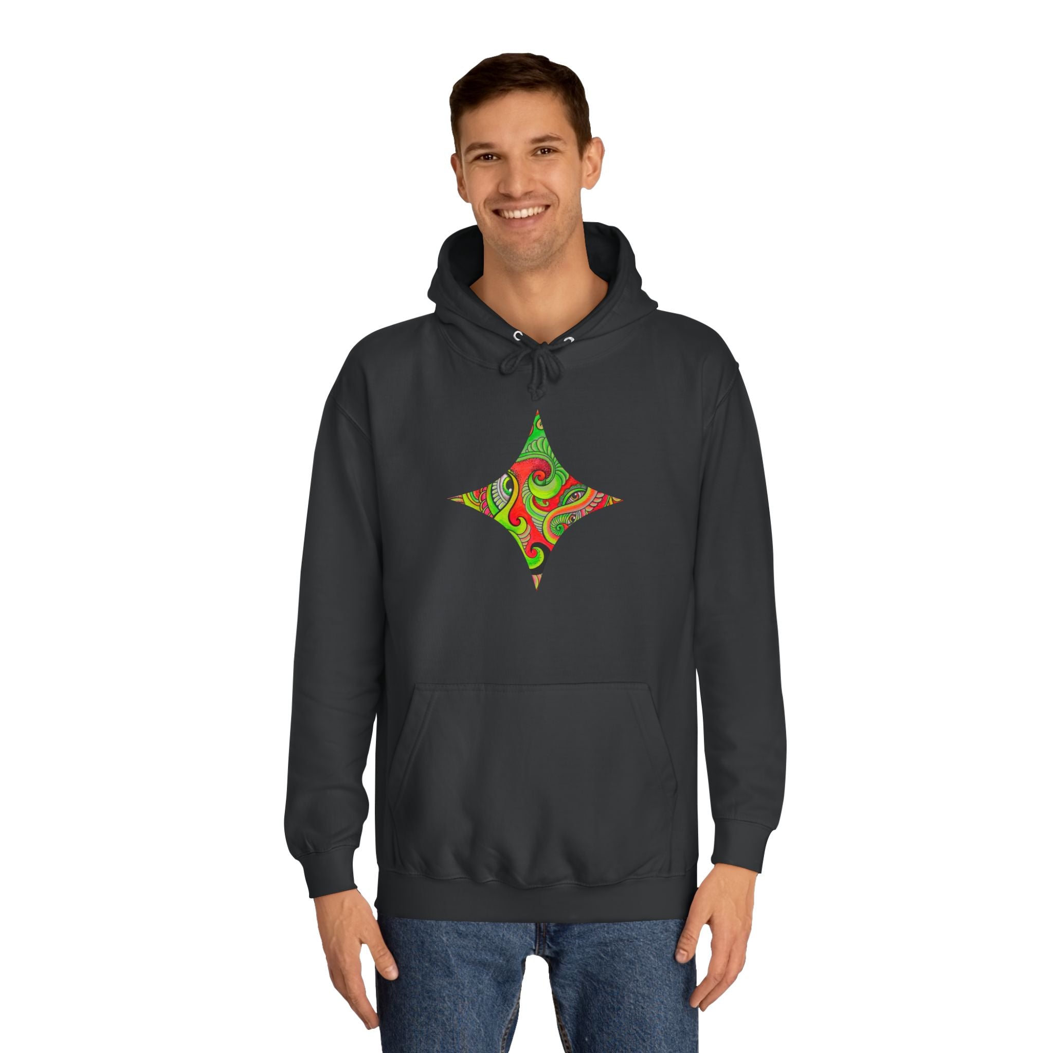 Psychedelic Swirl Hoodie — Retro Green & Red Abstract Graphic #f987456