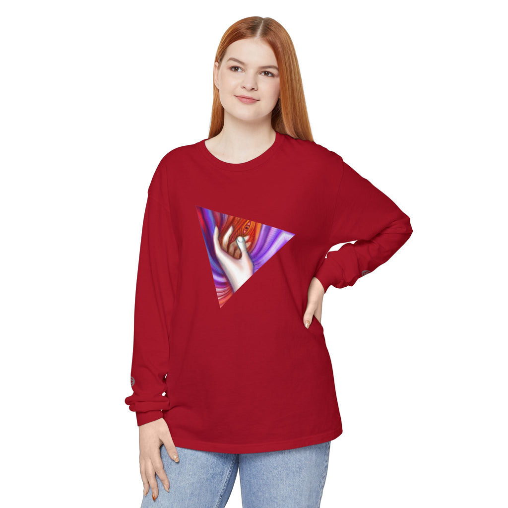 Long Sleeve T-Shirt — Triangular Hand Art Graphic (White) #sh26774