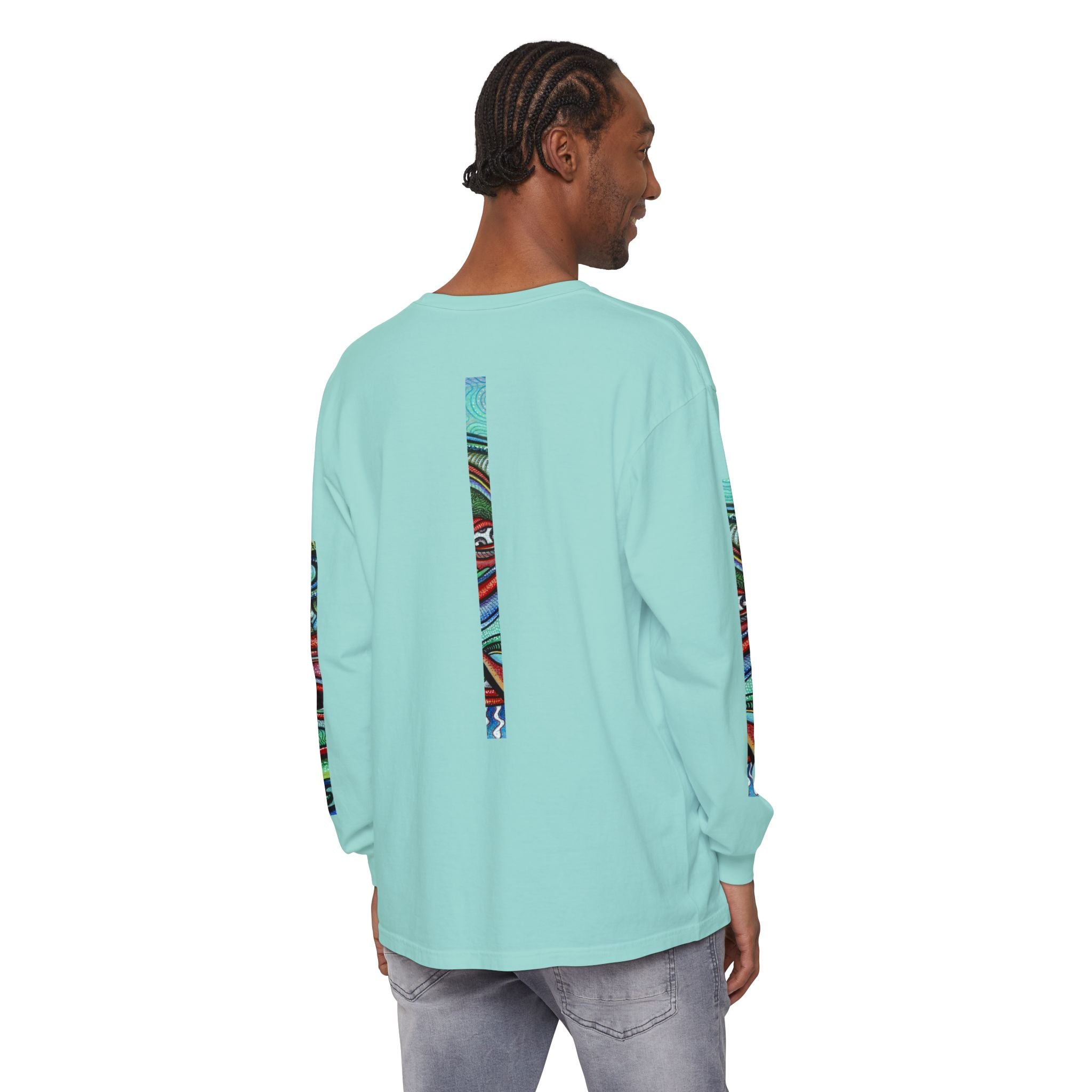 Psychedelic Starburst Long Sleeve Tee — Colorful Eye & Sleeve Stripe Design #k976344