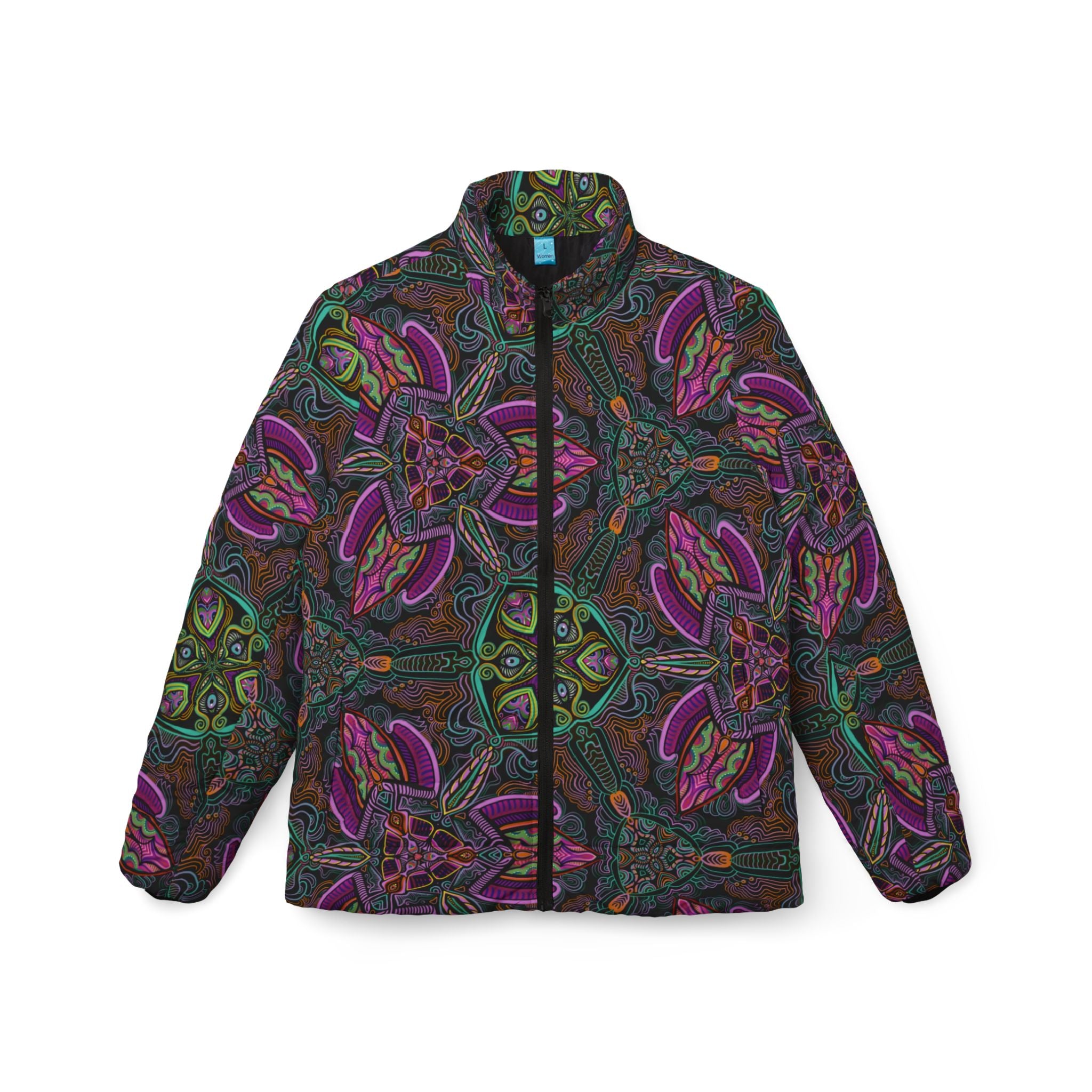 Puffer Jacket — Psychedelic Floral Kaleidoscope Print, Women's All-Over Pattern #pj469