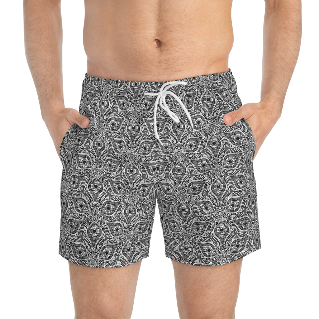 Monochrome Geometric Swim Trunks — Kaleidoscope Tile Pattern #st3