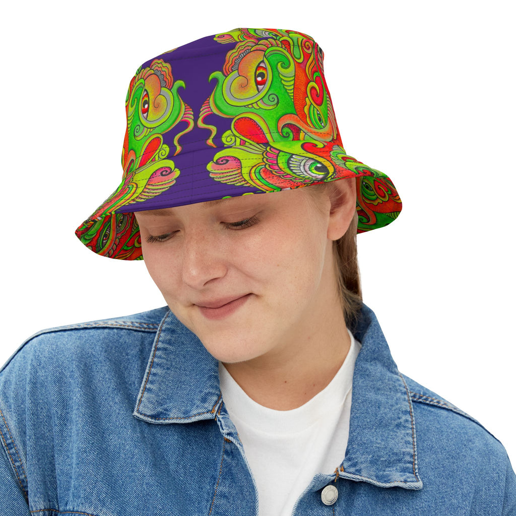 Psychedelic Paisley Bucket Hat — Vibrant Neon Swirl Festival Hat #h08754