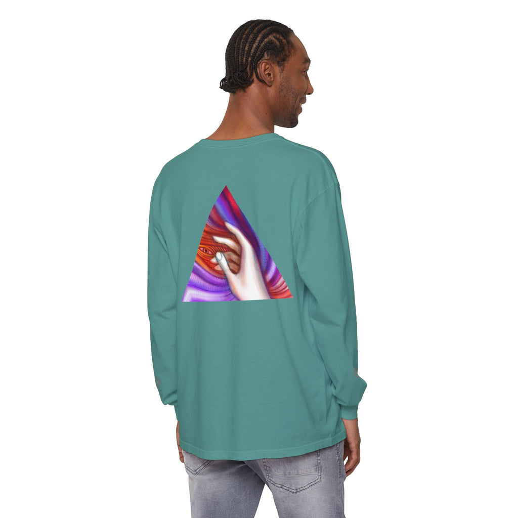Long Sleeve T-Shirt — Triangular Hand Art Graphic (White) #sh26774