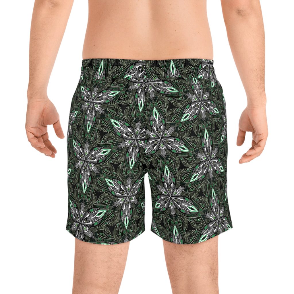 Green Kaleidoscope Swim Shorts — Men's Mid-Length Patterned Beach Trunks. #gd753987