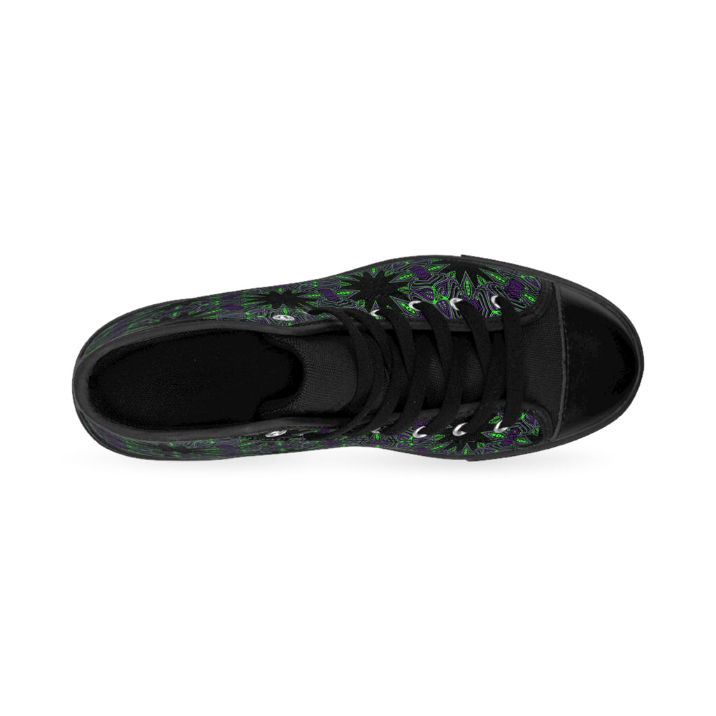 Women's High-Top Sneakers — Black & Green Floral Kaleidoscope Pattern #gd864