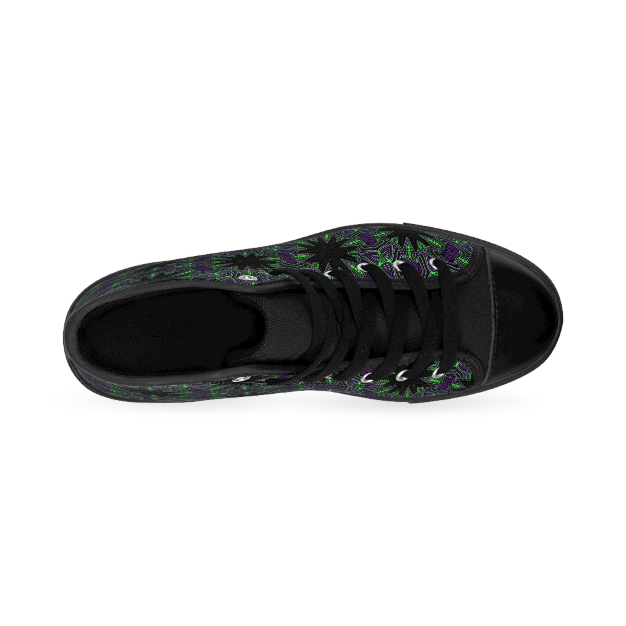 Women's High-Top Sneakers — Black & Green Floral Kaleidoscope Pattern #gd864