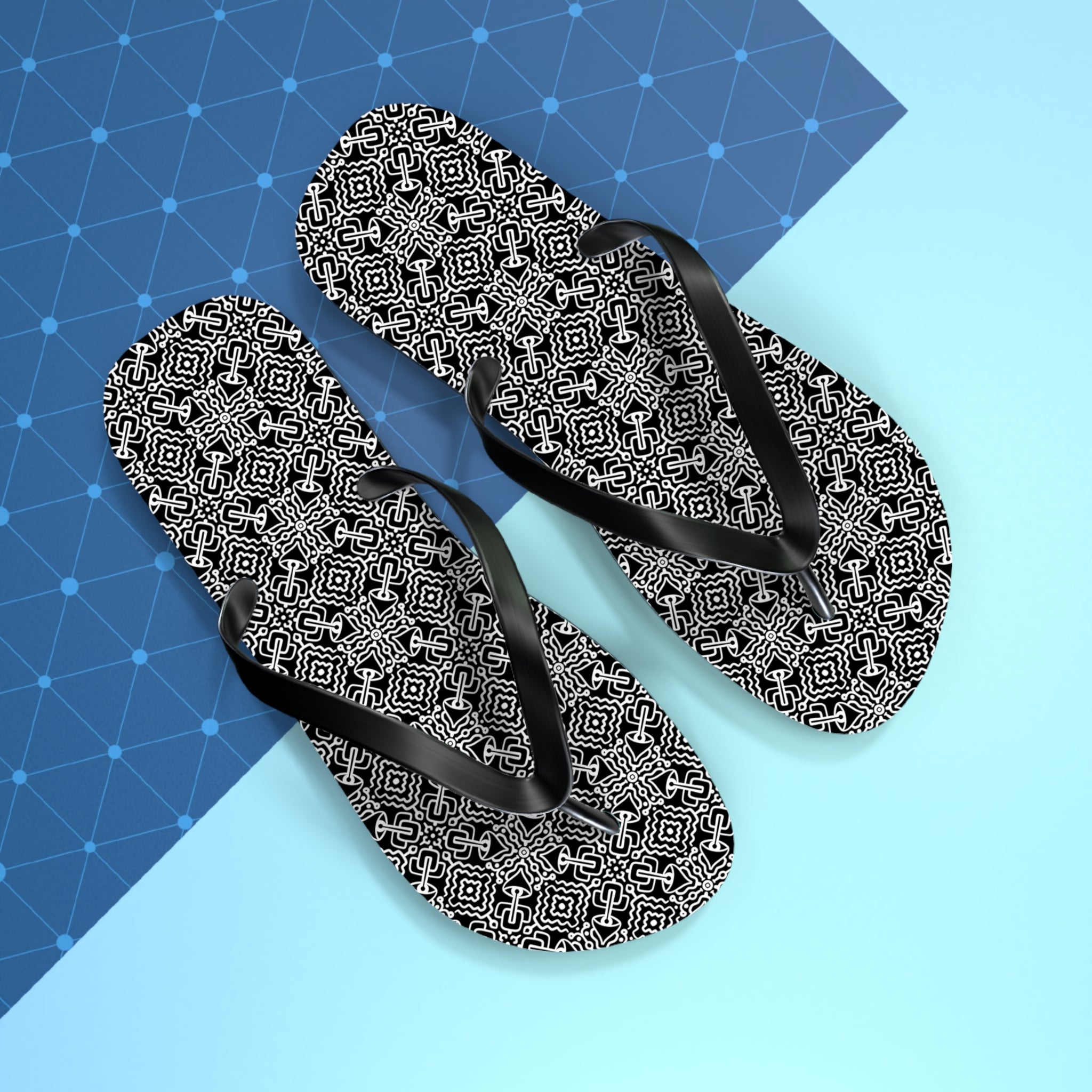 Monochrome Geometric Flip Flops — Black & White Aztec Pattern Beach Sandals #d98646