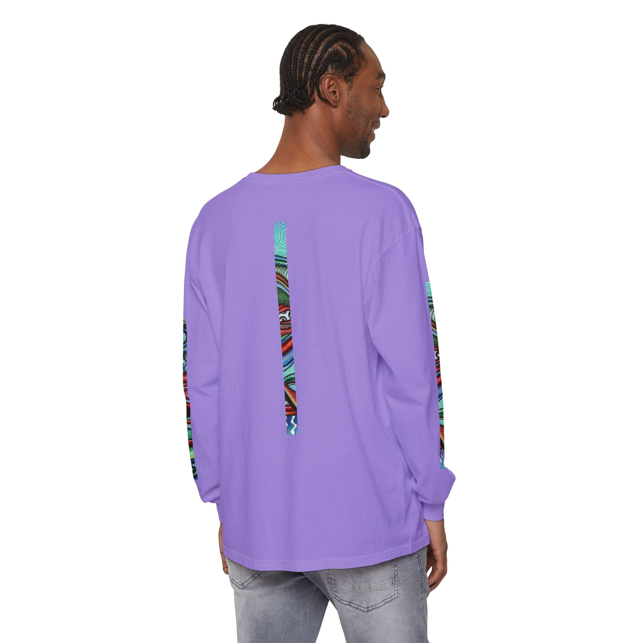 Psychedelic Starburst Long Sleeve Tee — Colorful Eye & Sleeve Stripe Design #k976344
