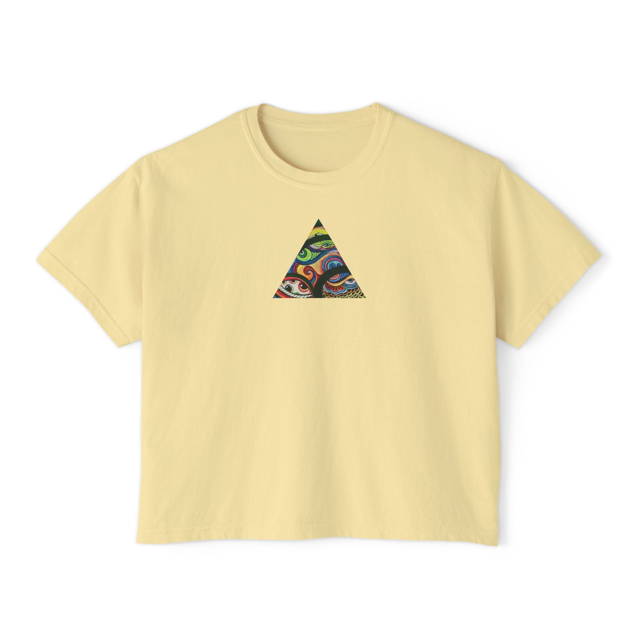 Women's Boxy Tee with Abstract Colorful Triangle (Front) & Heart (Back) Art — Casual Graphic Crop Top #hd9859