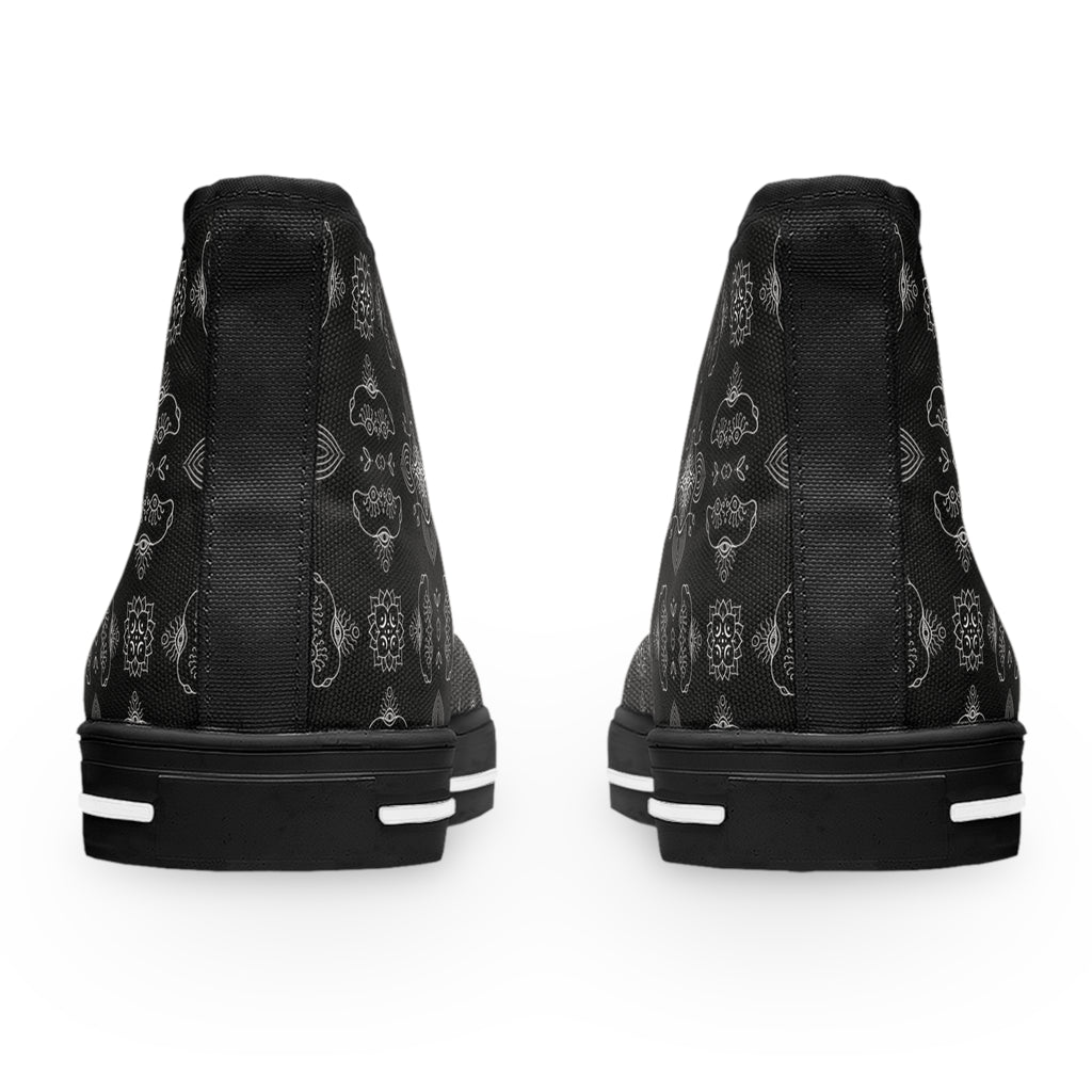 High Top Sneakers - Black Paisley Pattern Women's Canvas Shoes #d3566