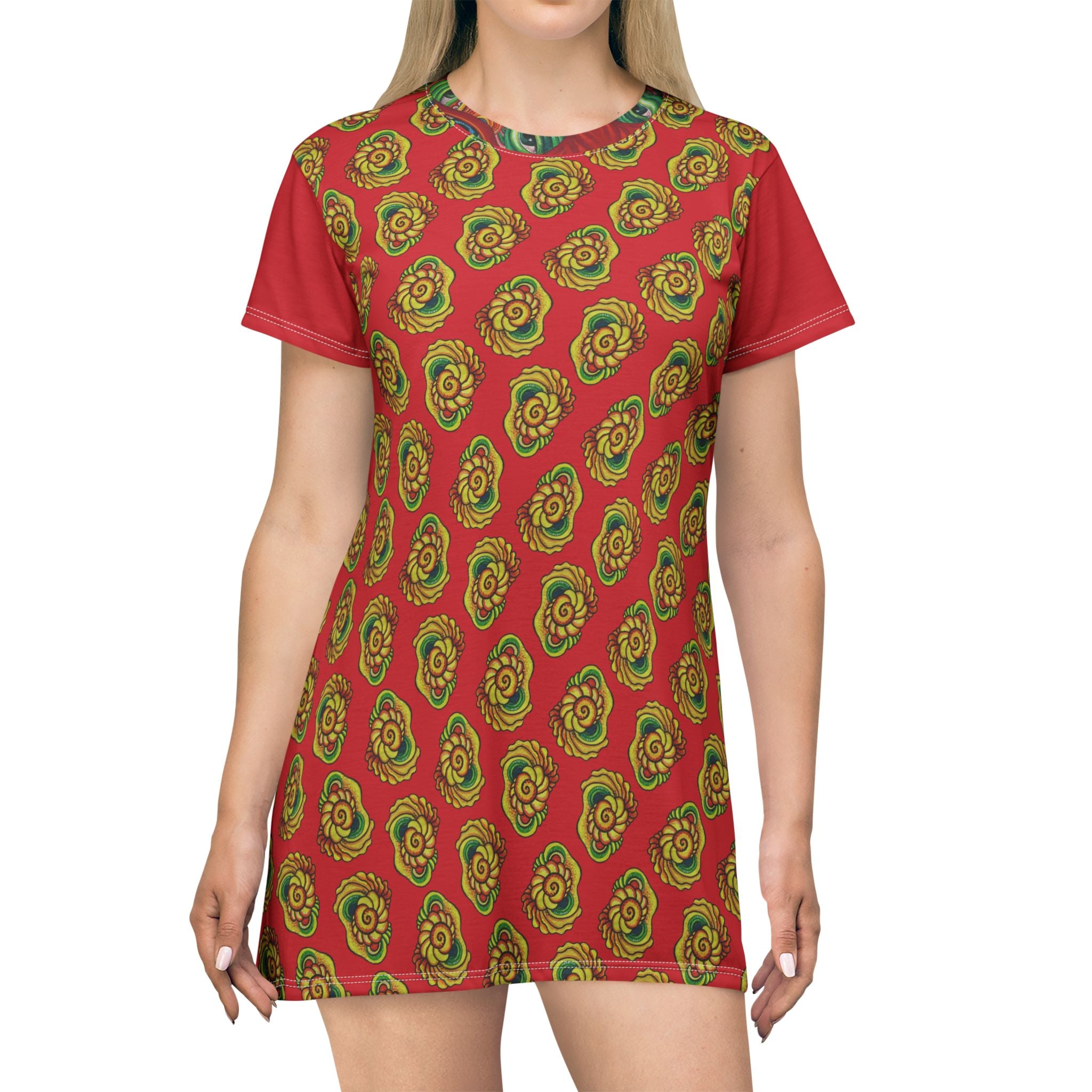 Psychedelic Floral AOP T‑Shirt Dress — Retro Rainbow Swirl Pattern