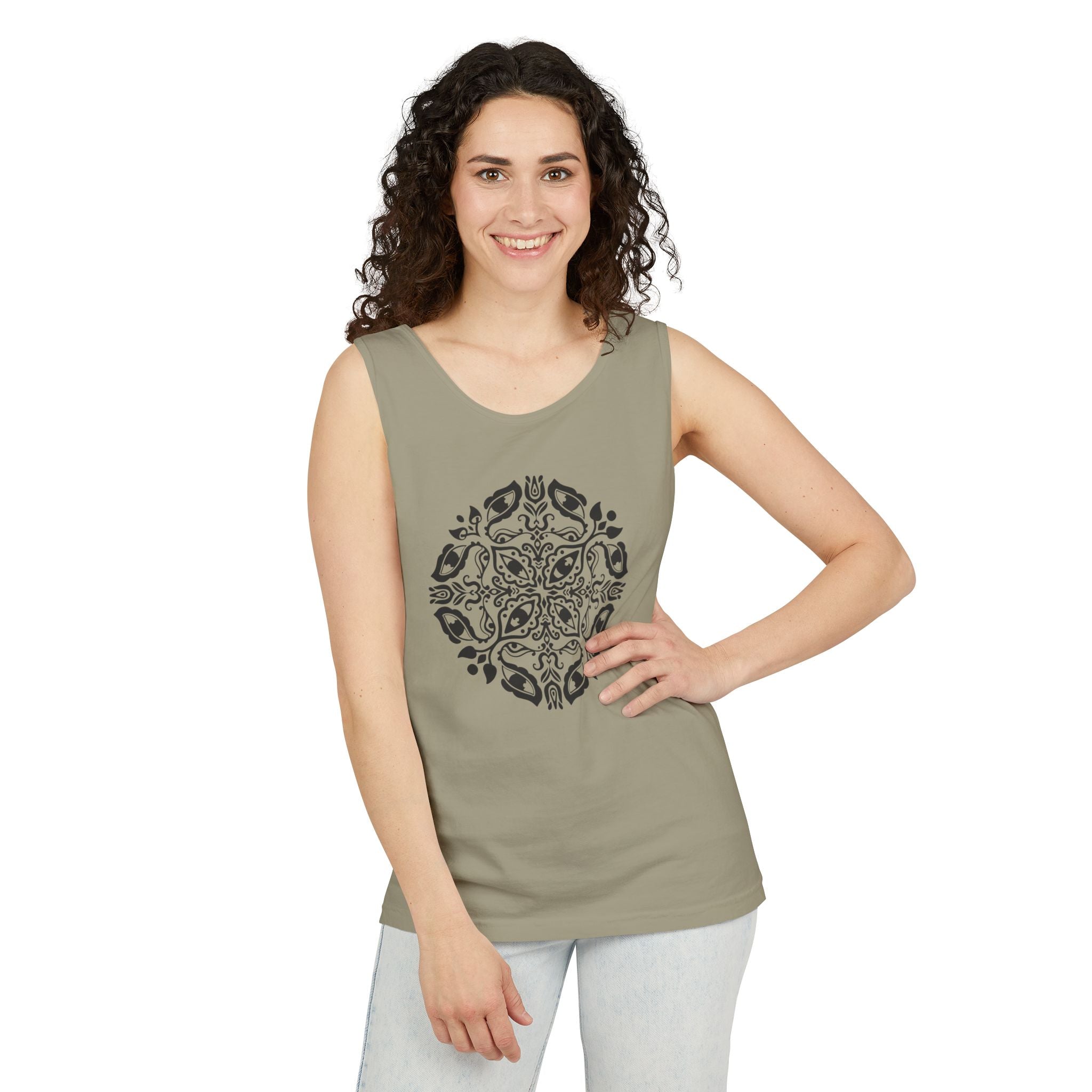 Boho Mandala Tank Top — Black Floral Circular Graphic Tank #fr3