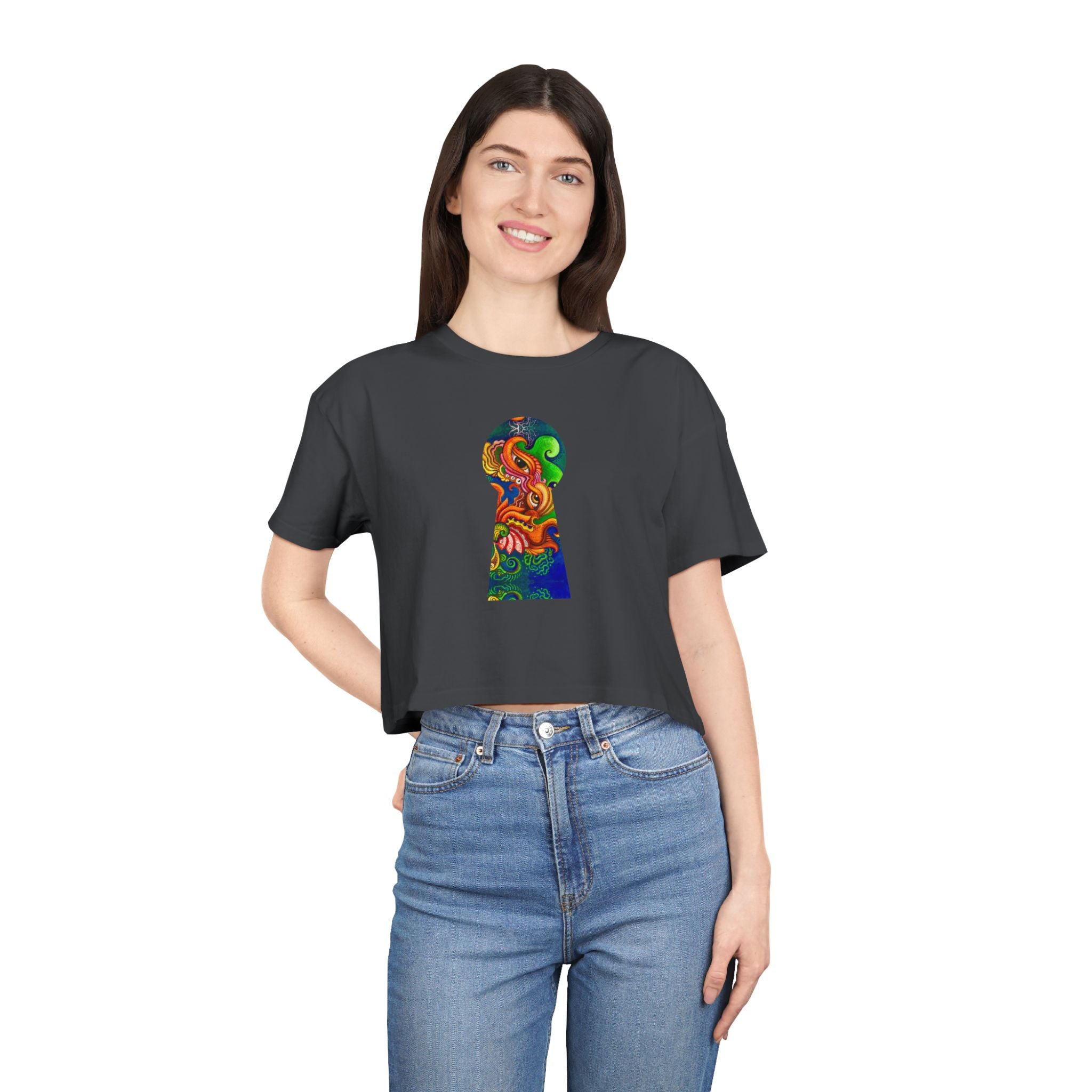 Psychedelic Keyhole Crop Tee — Colorful Abstract Floral Graphic Top #ctaf55