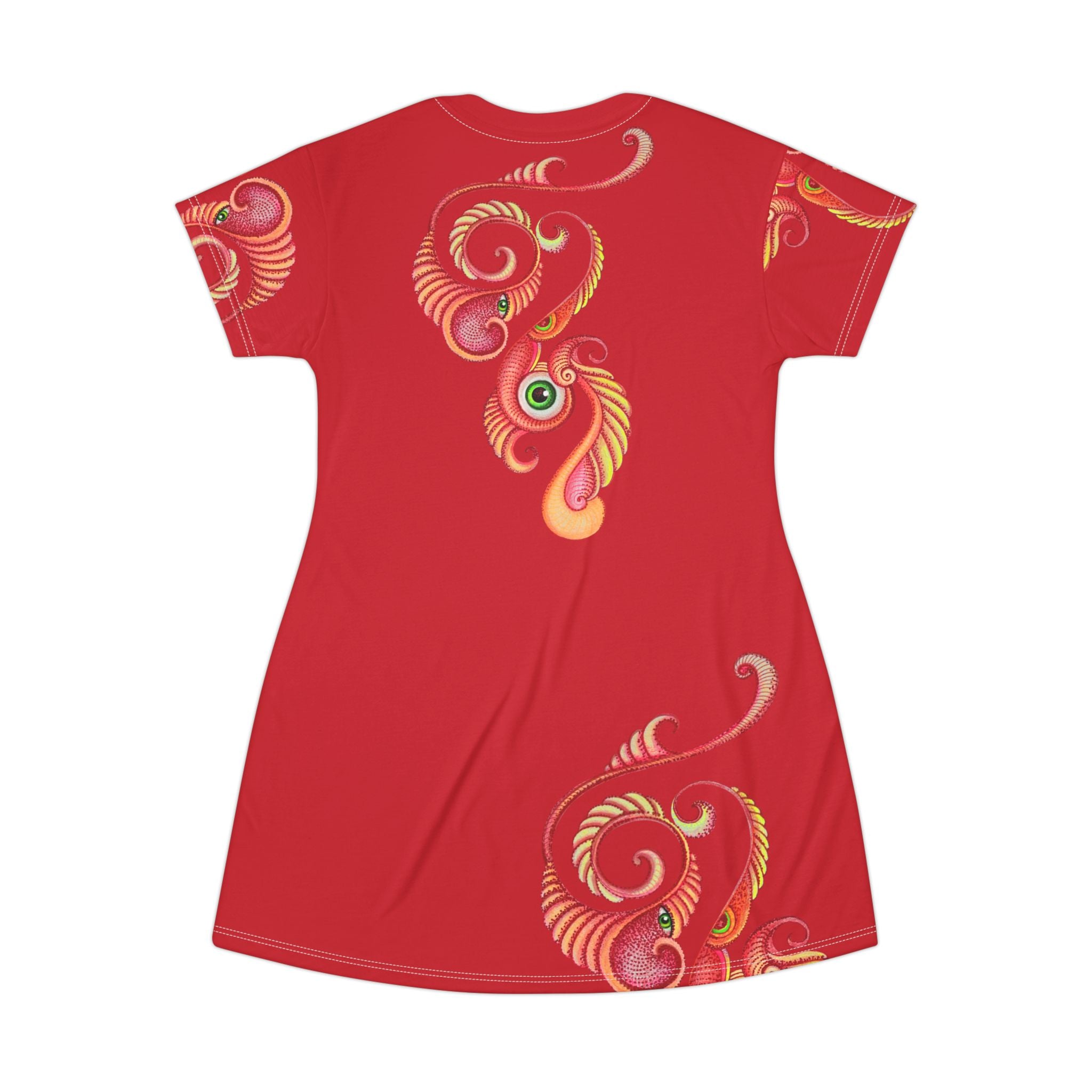 Red Swirl Floral T‑Shirt Dress — Vibrant Abstract Paisley Pattern #vap764