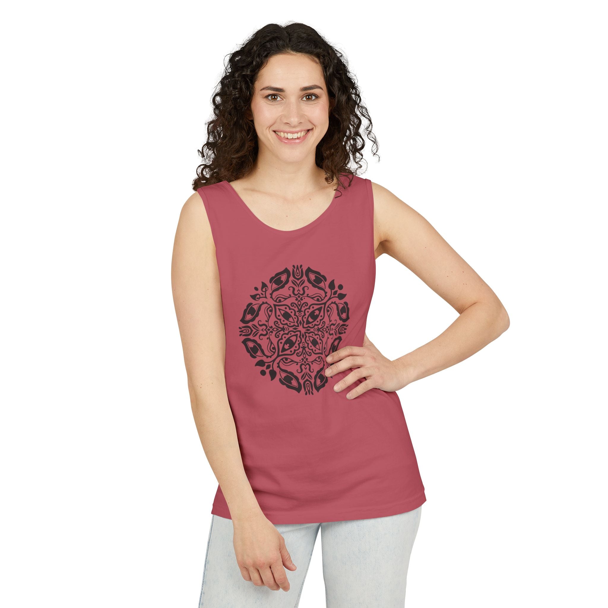 Boho Mandala Tank Top — Black Floral Circular Graphic Tank #fr3