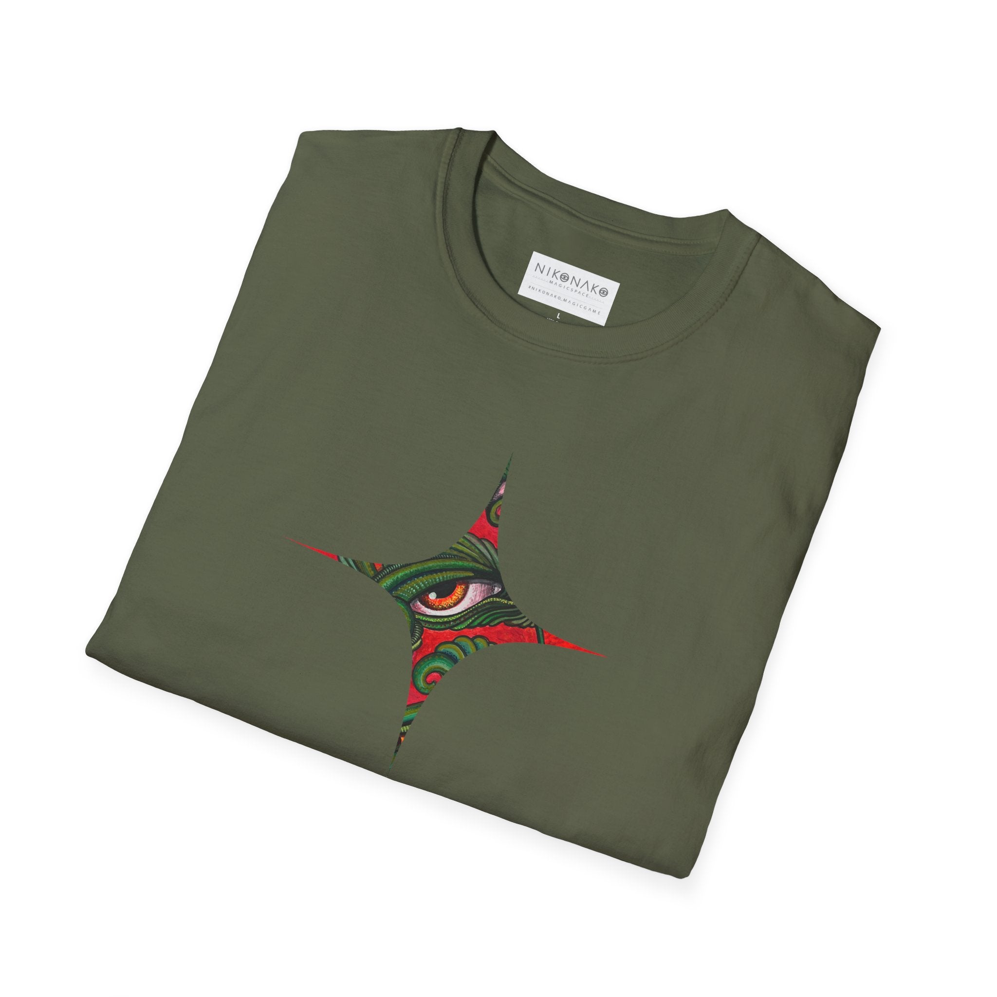 Geometric Tribal Eye Tee — Abstract Red & Green Triangle Graphic T-Shirt #sx432177
