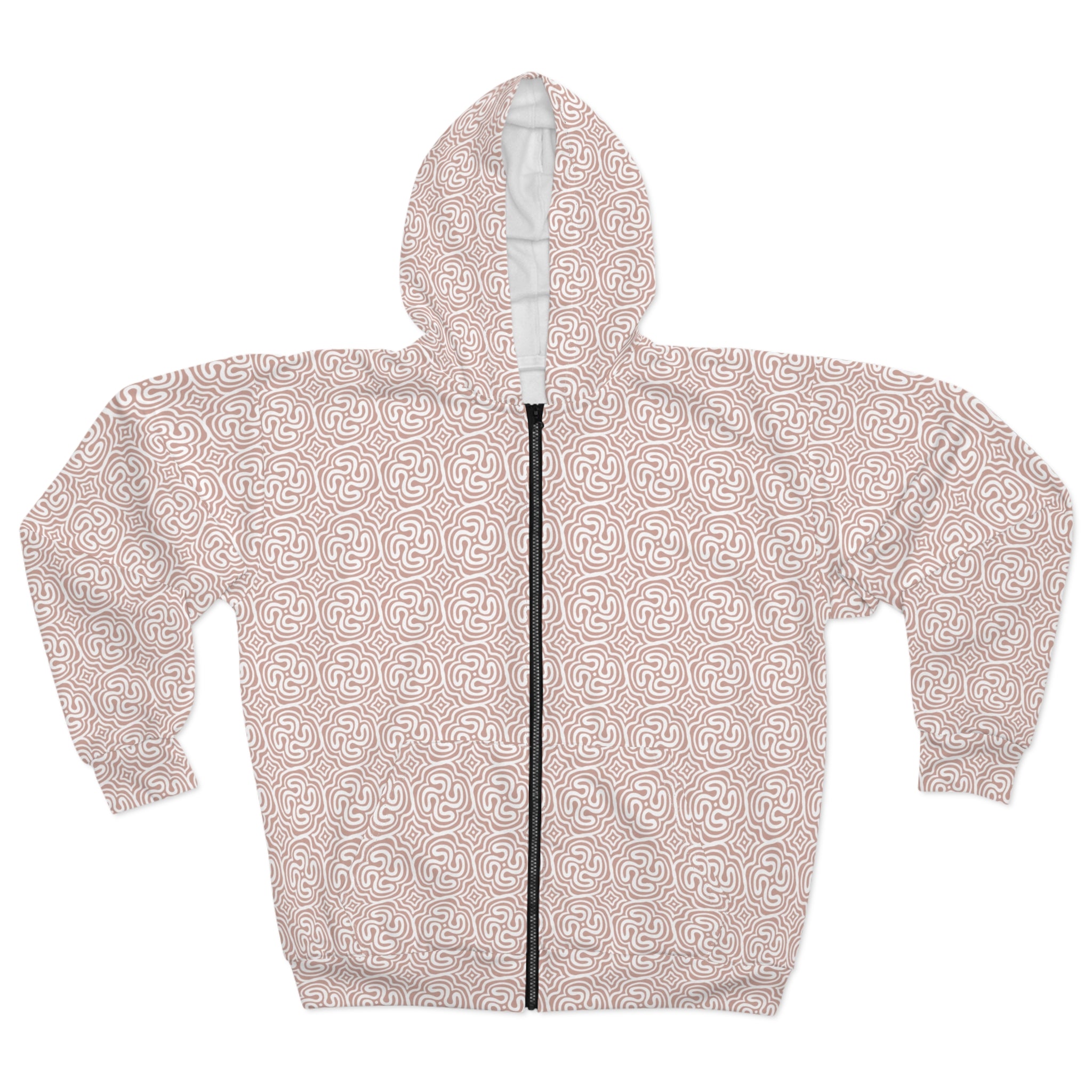 Abstract Maze Pattern Zip Hoodie — Neutral Pink All-Over-Print #y655688