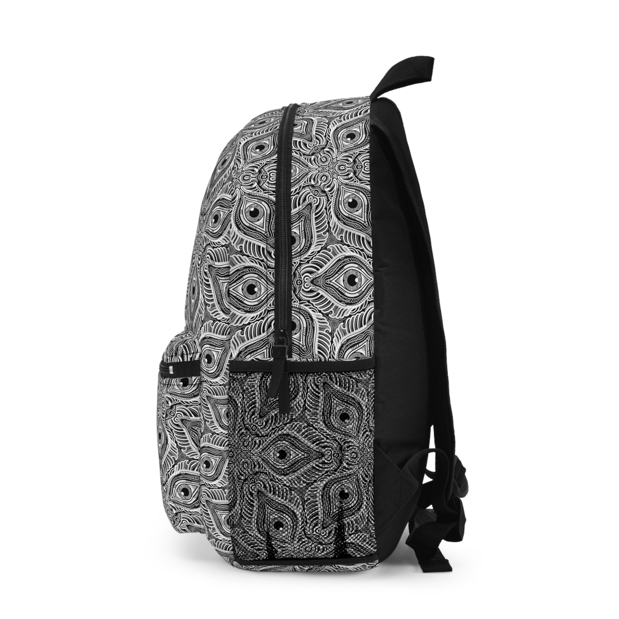 Monochrome Peacock Feather Pattern Backpack — Boho Geometric Daypack #d1