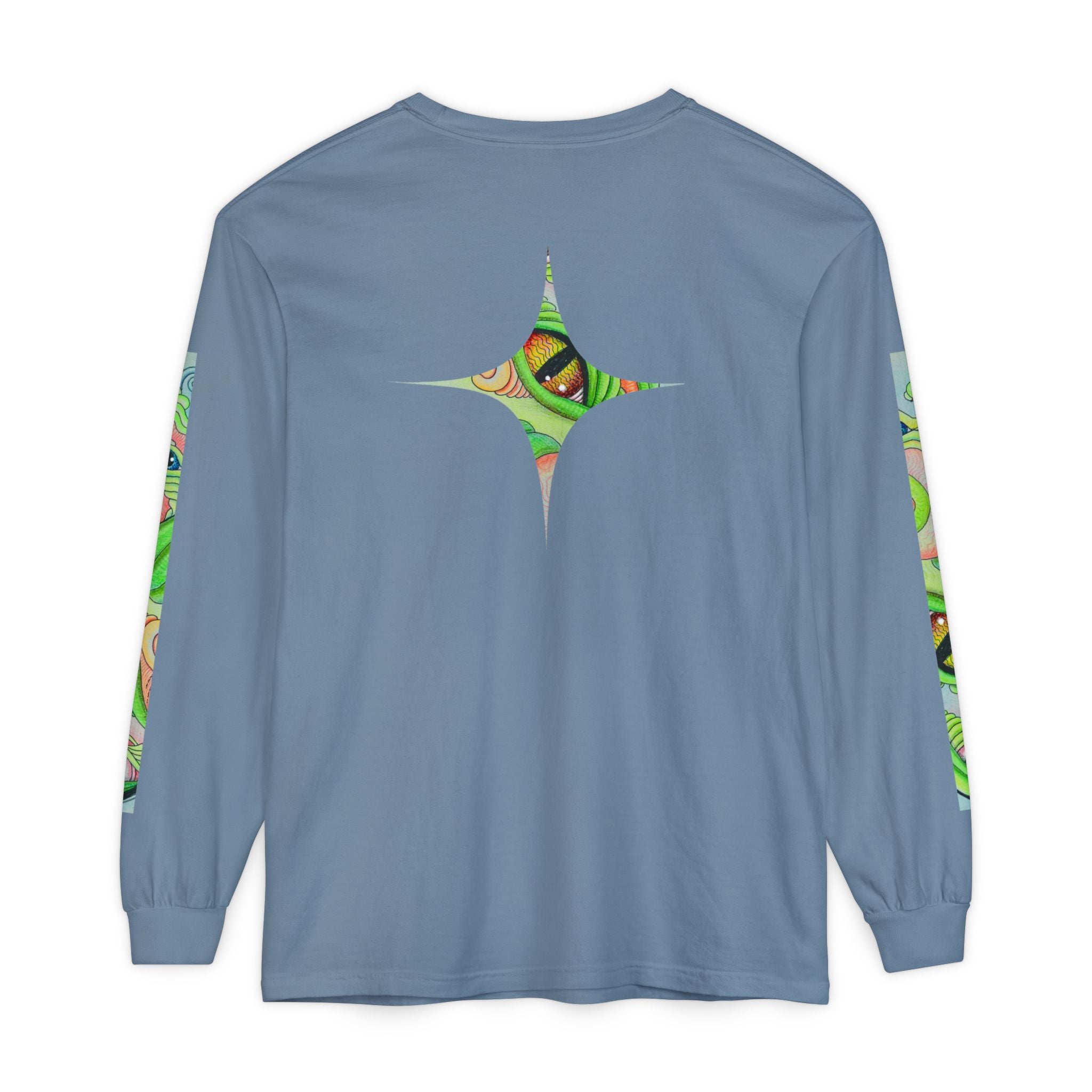 Psychedelic Green Triangle Long Sleeve Tee — Tribal Star Sleeve Artwork #gf086357