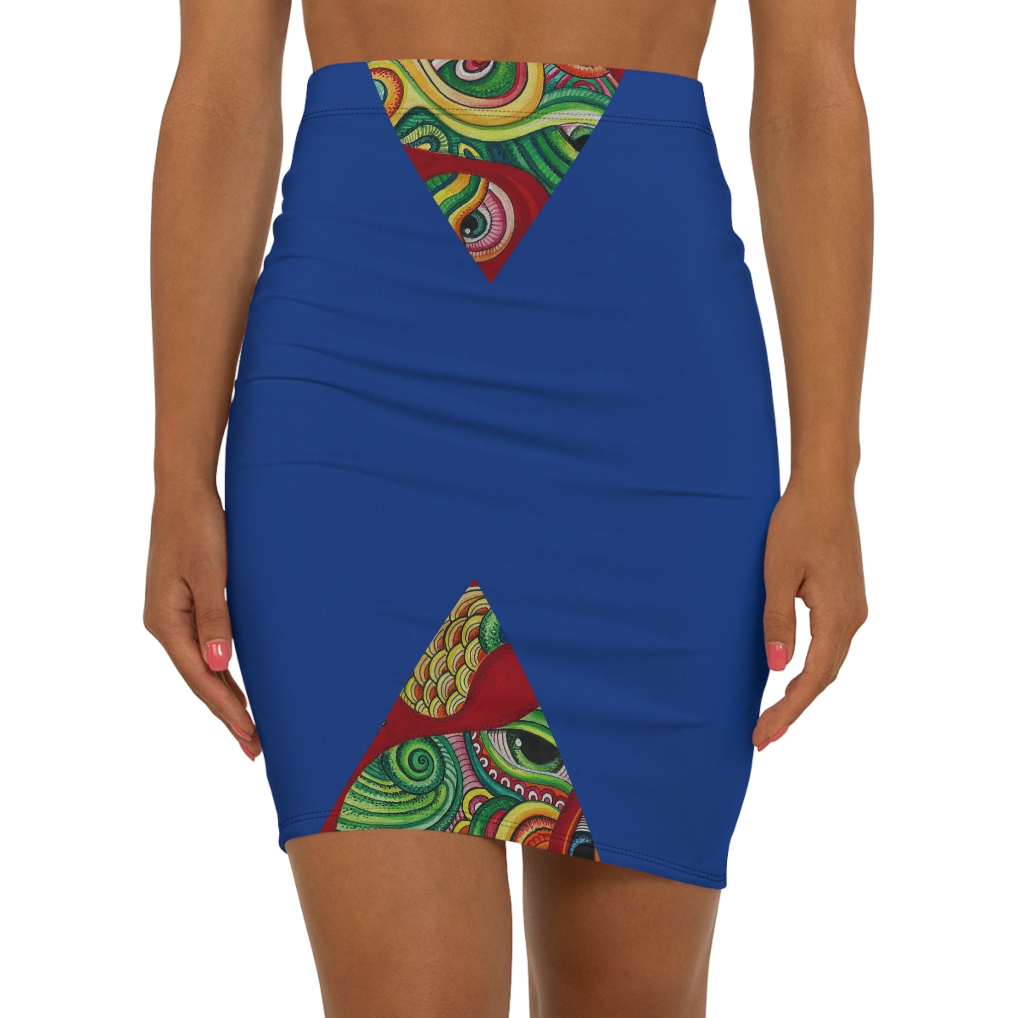 Blue Geometric Pencil Skirt — Colorful Swirl Diamond Print #hfd864