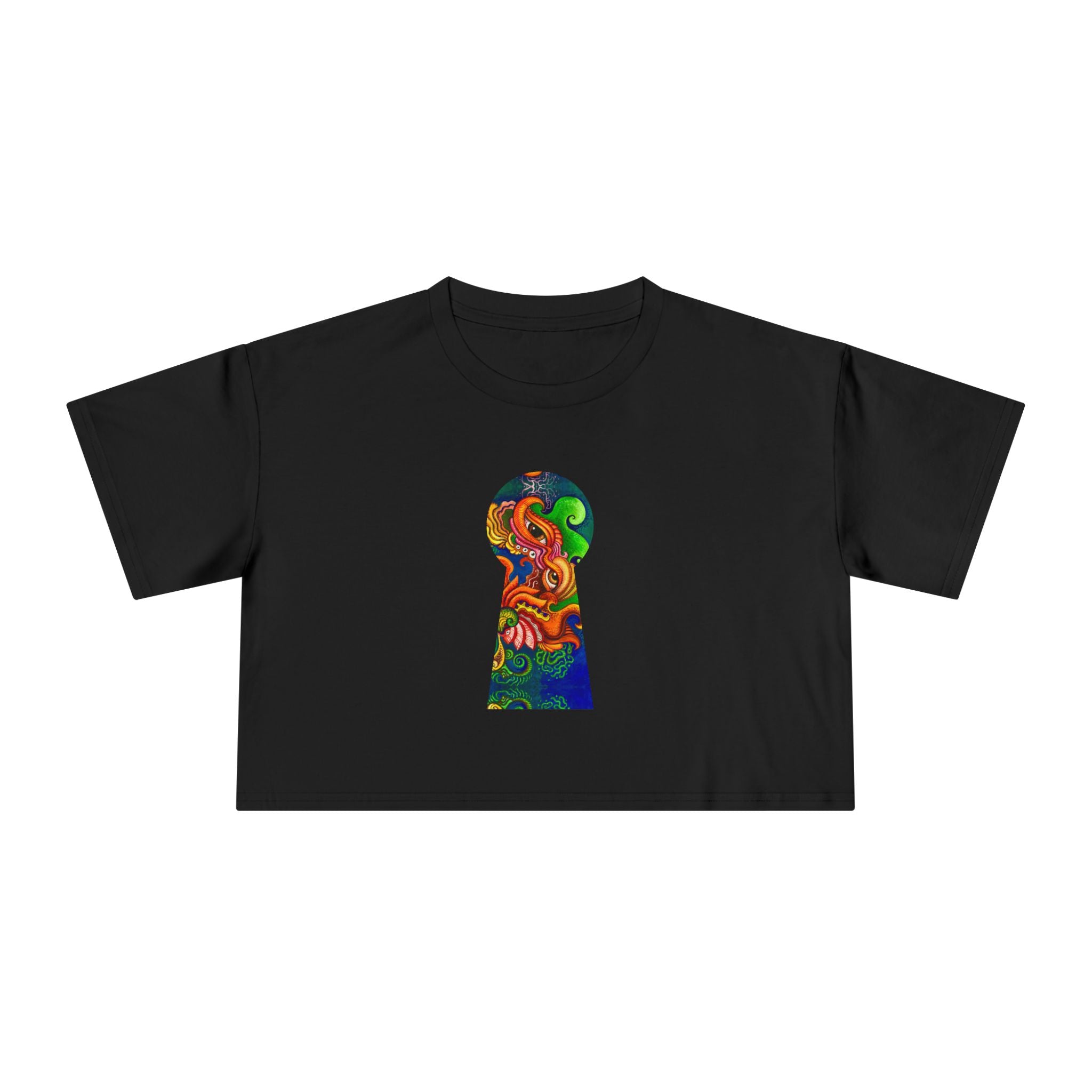 Psychedelic Keyhole Crop Tee — Colorful Abstract Floral Graphic Top #ctaf55