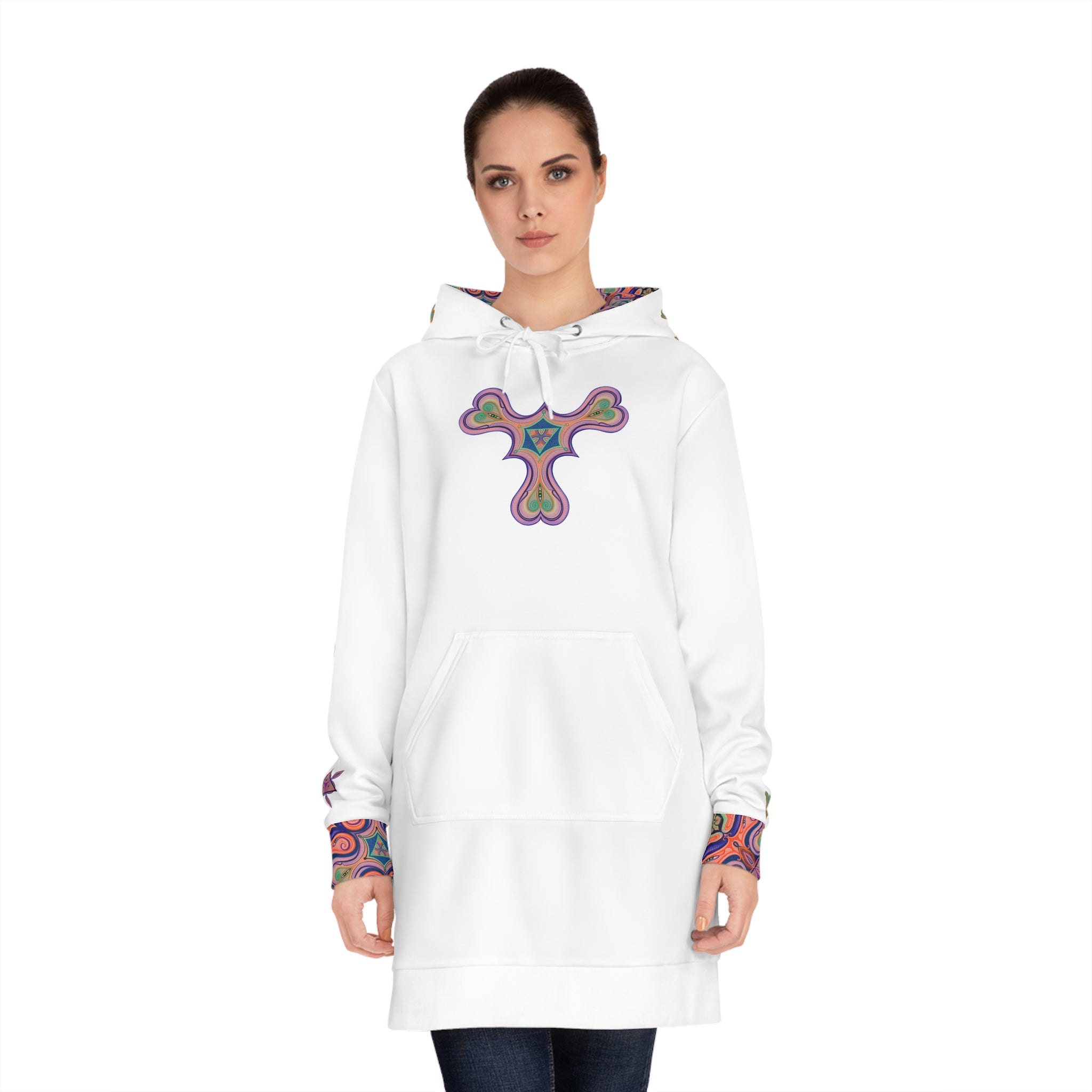 Psychedelic Pattern Hoodie Dress — Retro Geometric All-Over Print #pphd34