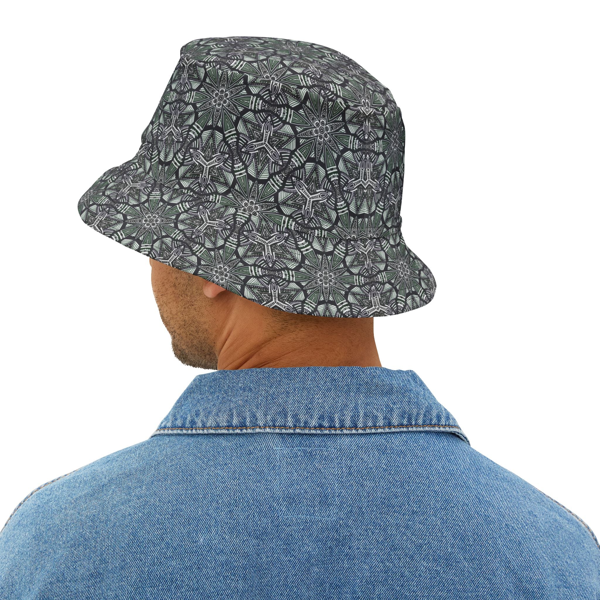 Kaleidoscope Tile Bucket Hat — Green Geometric AOP Sun Hat #jf9754