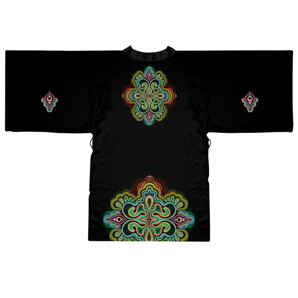 Black Kimono Robe with Colorful Mandala Accent – Long Sleeve Lounge Kimono #ki5