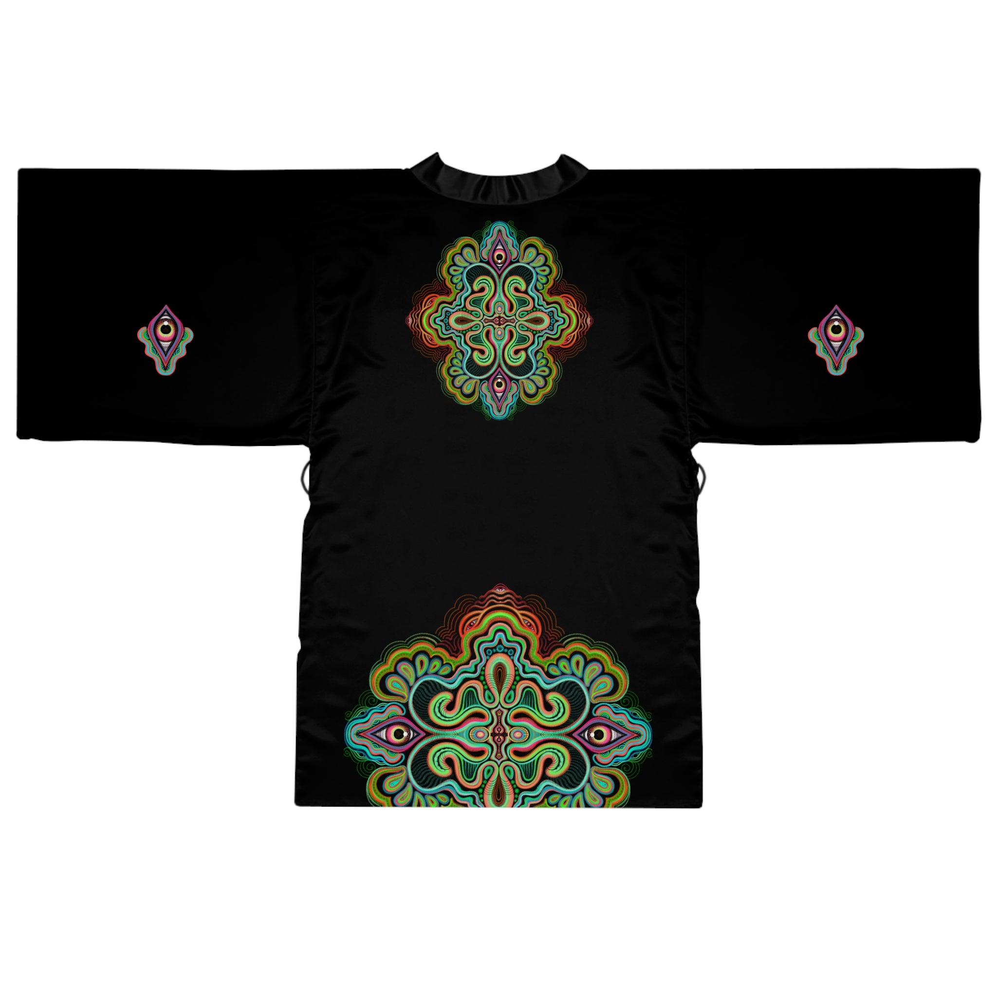 Black Kimono Robe with Colorful Mandala Accent – Long Sleeve Lounge Kimono #ki5