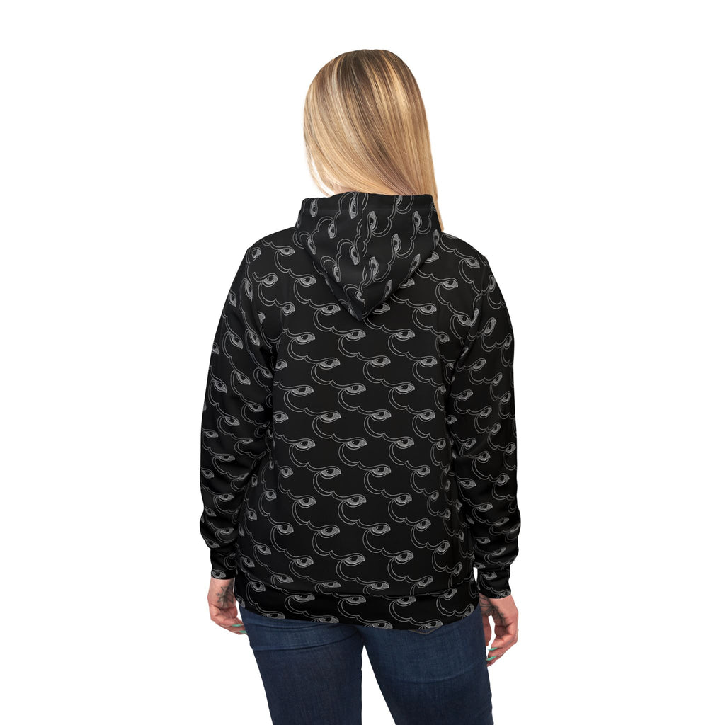 All-Over Print Black Wave Pattern Hoodie — Athletic Graphic Pullover #ur8373597