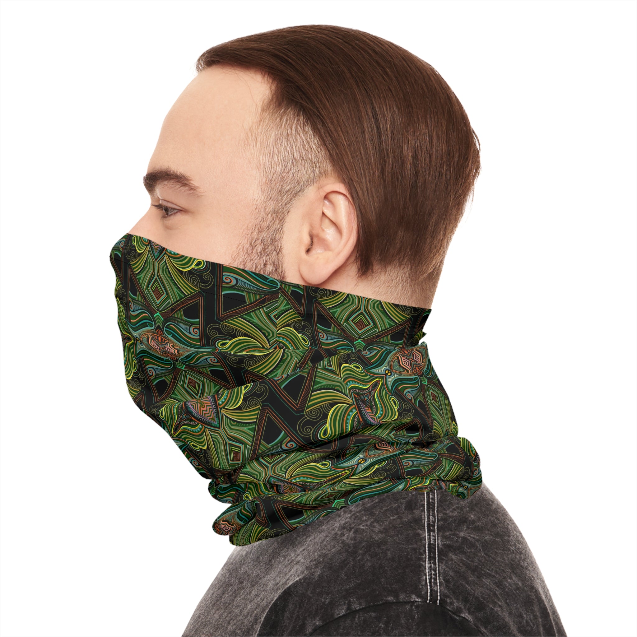 Green Geometric Neck Gaiter — Botanical Kaleidoscope Face Mask #ng4
