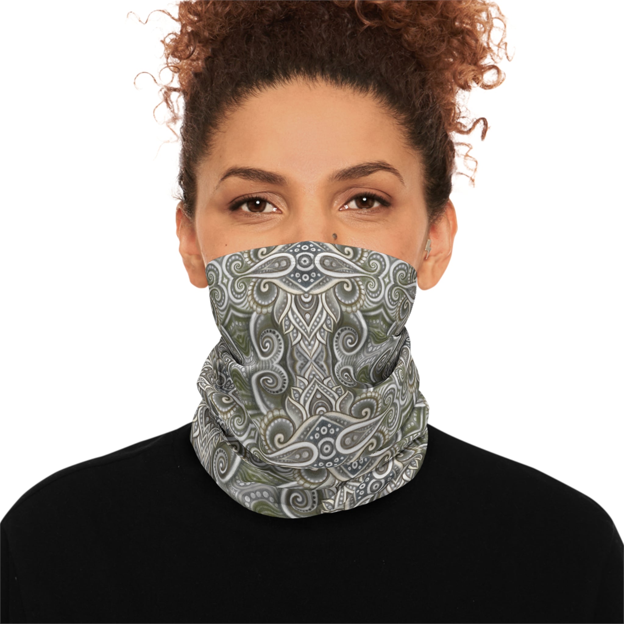 Winter Neck Gaiter — Olive Paisley Drawstring Face Mask & Scarf #s46742
