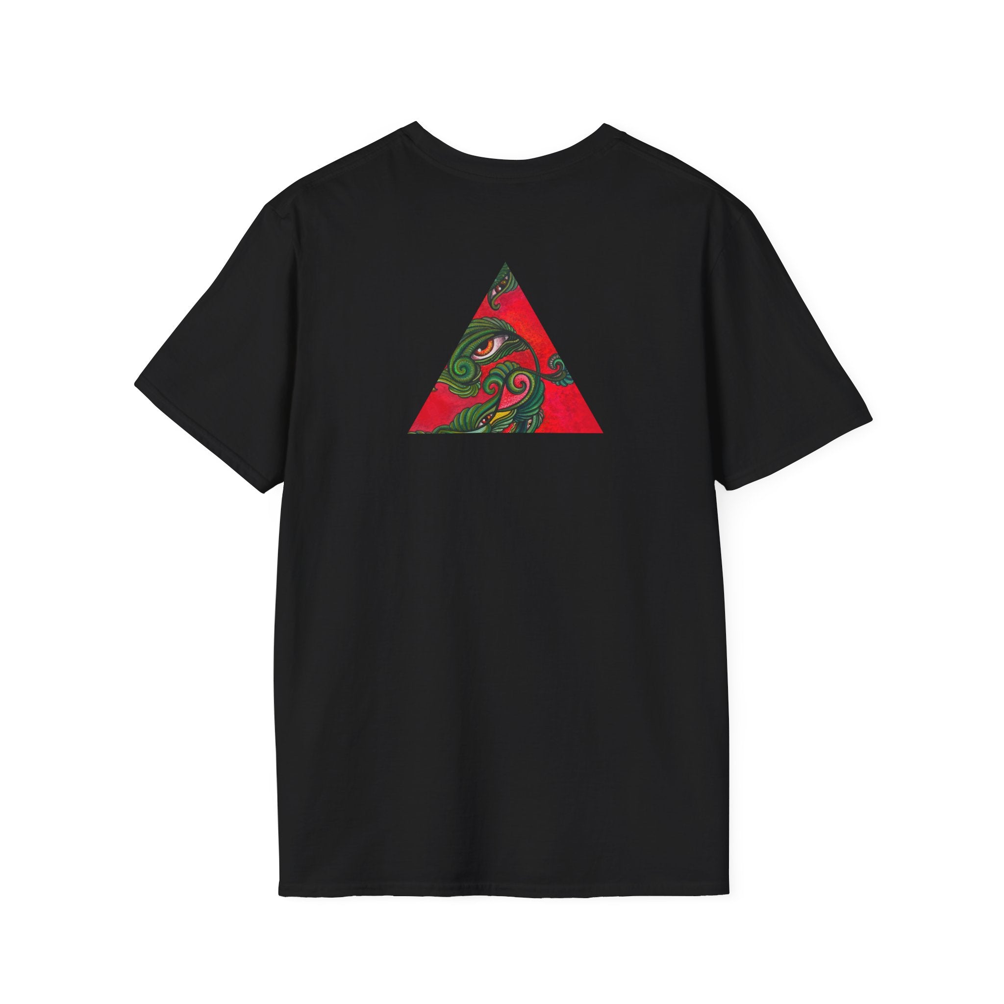 Geometric Tribal Eye Tee — Abstract Red & Green Triangle Graphic T-Shirt #sx432177