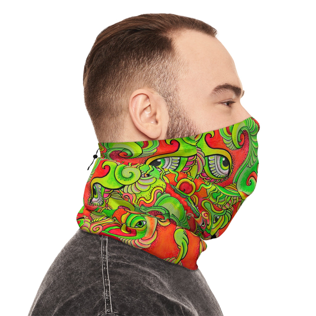 Psychedelic Paisley Winter Neck Gaiter with Drawstring — Bright Green & Orange Thermal Face Warmer #ew865479900