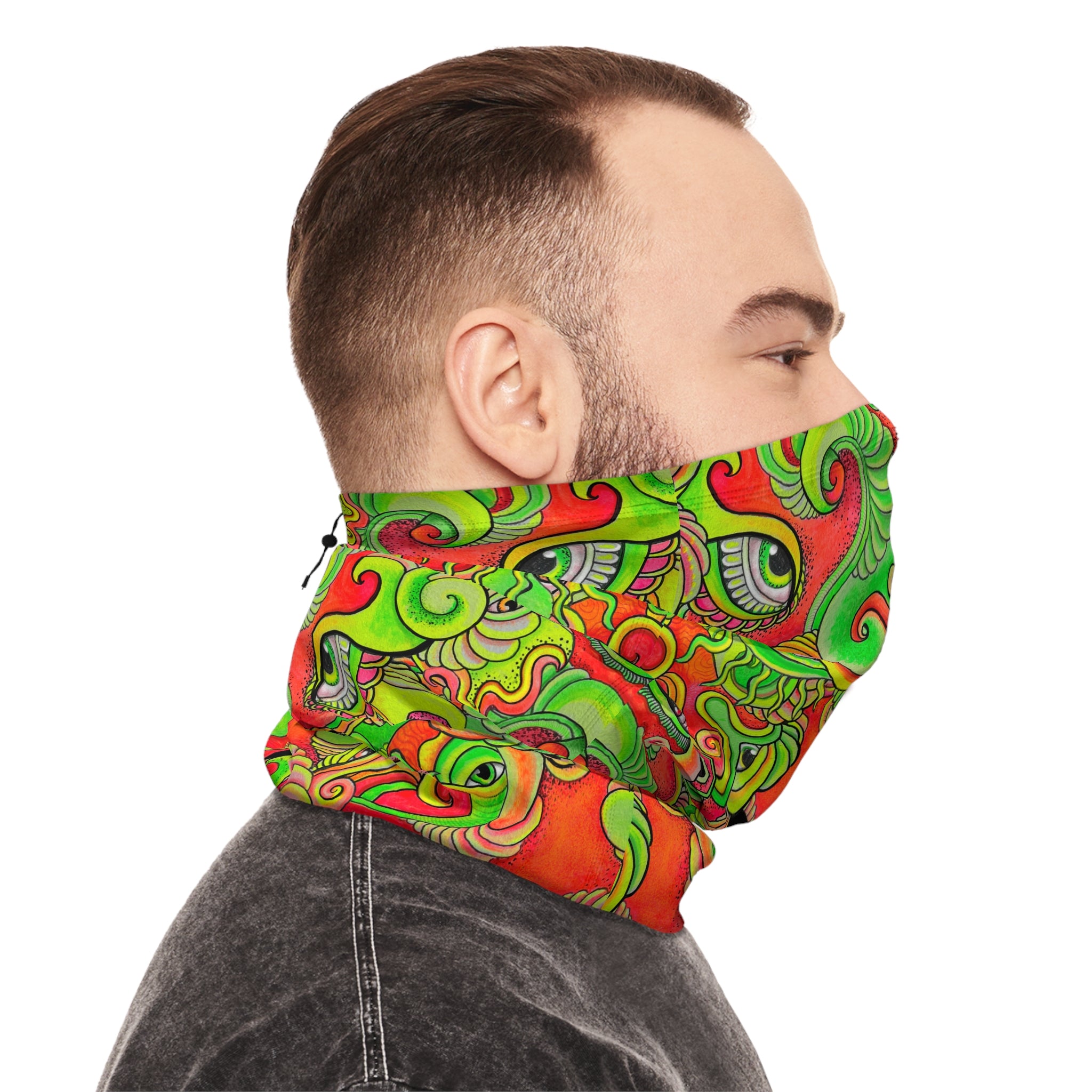 Psychedelic Paisley Winter Neck Gaiter with Drawstring — Bright Green & Orange Thermal Face Warmer #ew865479900