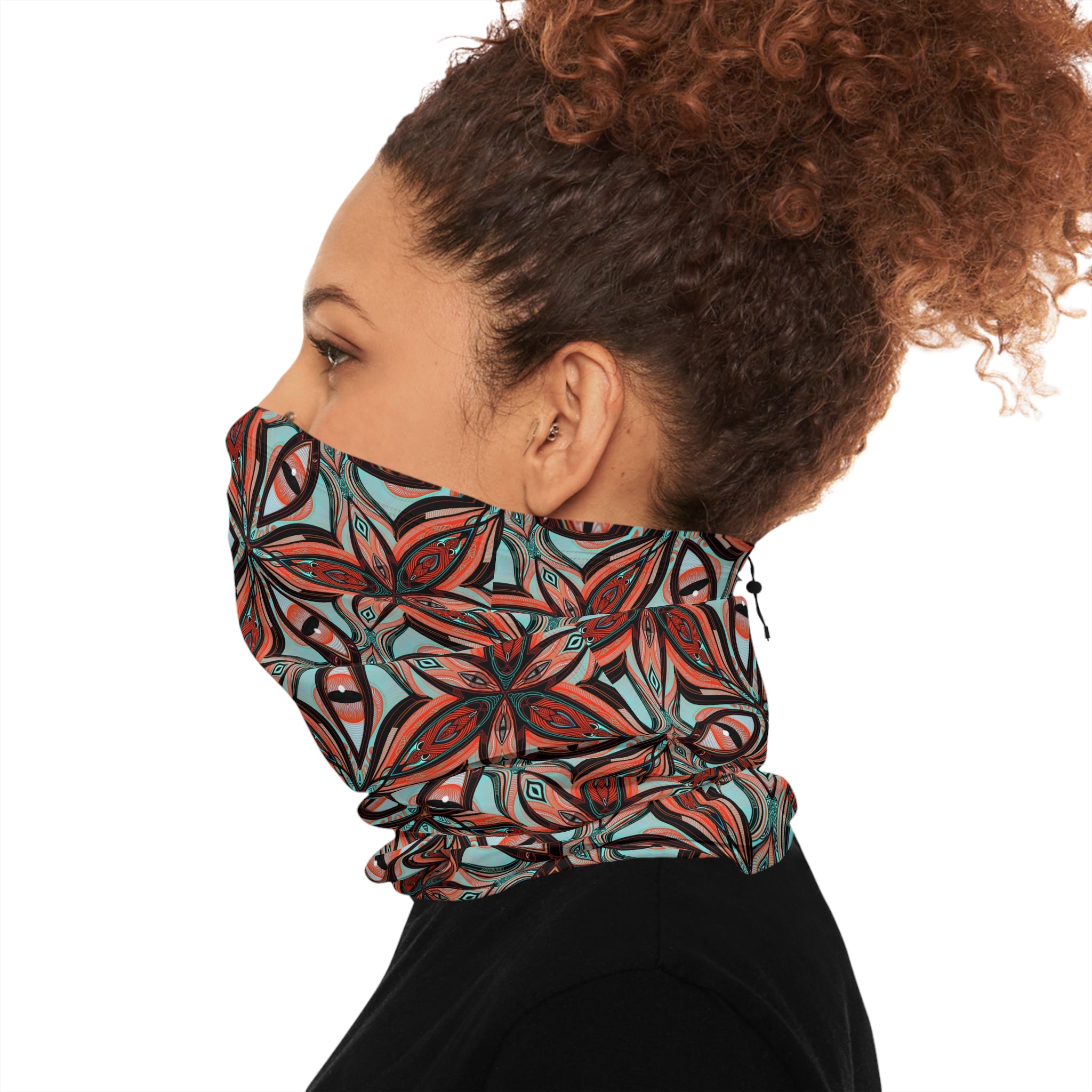 Patterned Winter Neck Gaiter — Red Teal Geometric Drawstring Face Mask