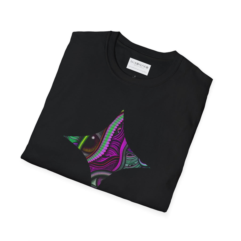 Psychedelic Eye Graphic T-Shirt — Abstract Purple & Green Starburst Circle Design. #ts6