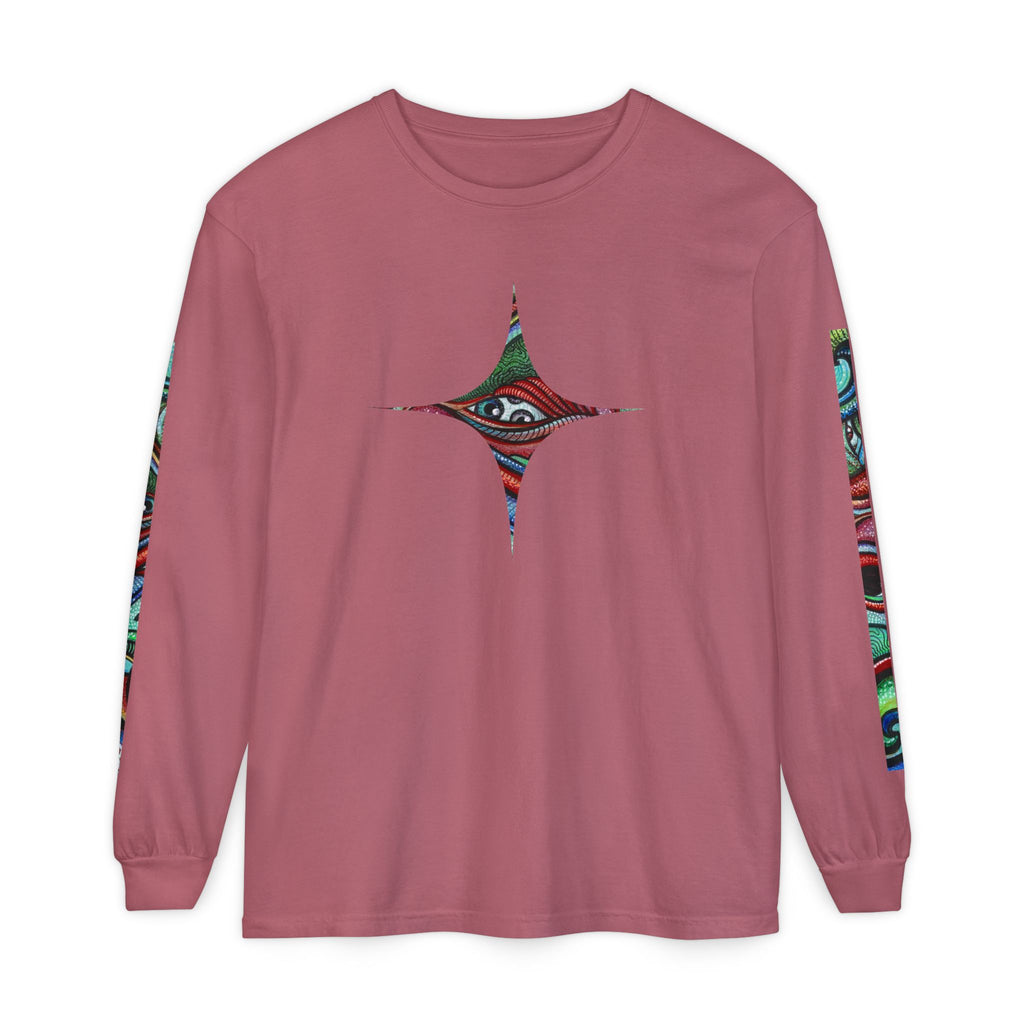 Psychedelic Starburst Long Sleeve Tee — Colorful Eye & Sleeve Stripe Design #k976344