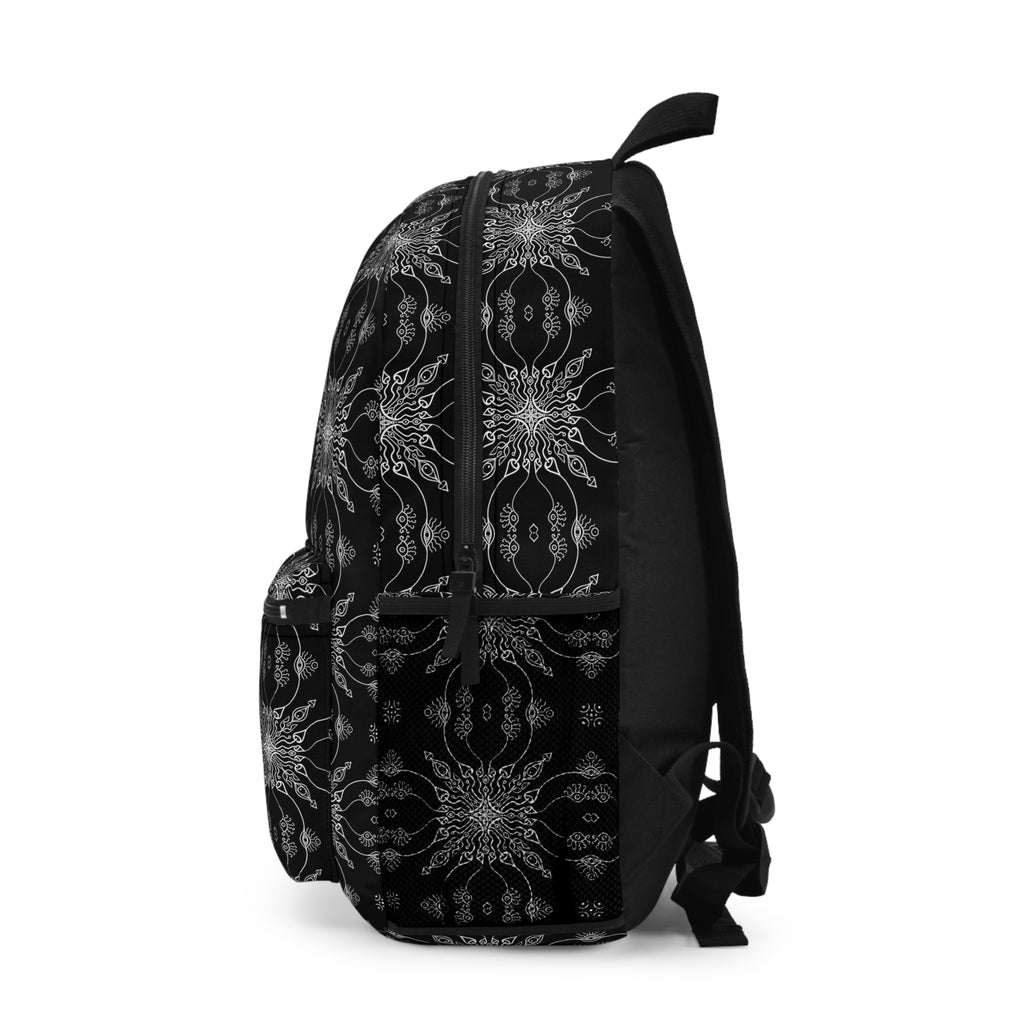 Black Kaleidoscope Pattern Backpack — Gothic Floral Daypack #x863568