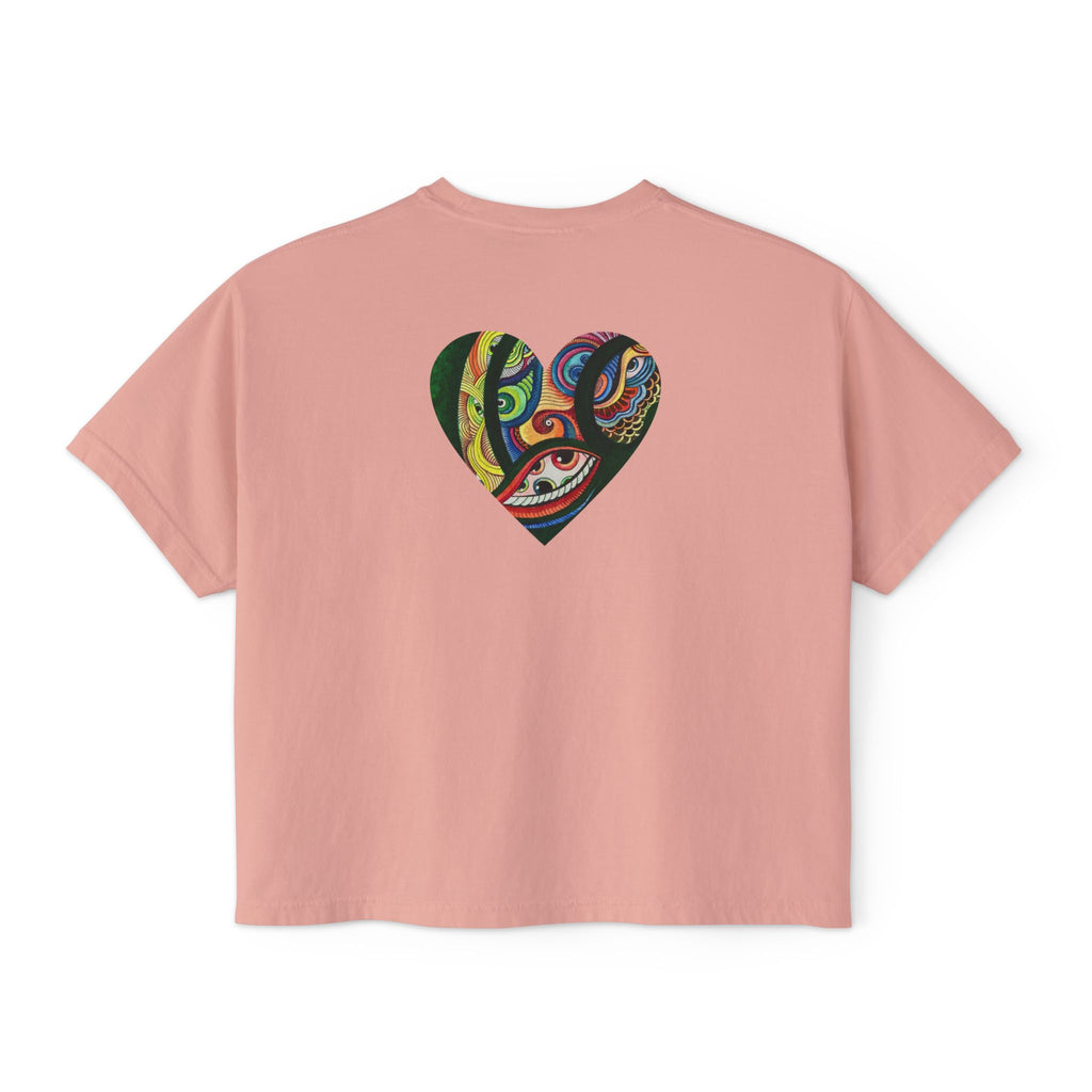 Women's Boxy Tee with Abstract Colorful Triangle (Front) & Heart (Back) Art — Casual Graphic Crop Top #hd9859