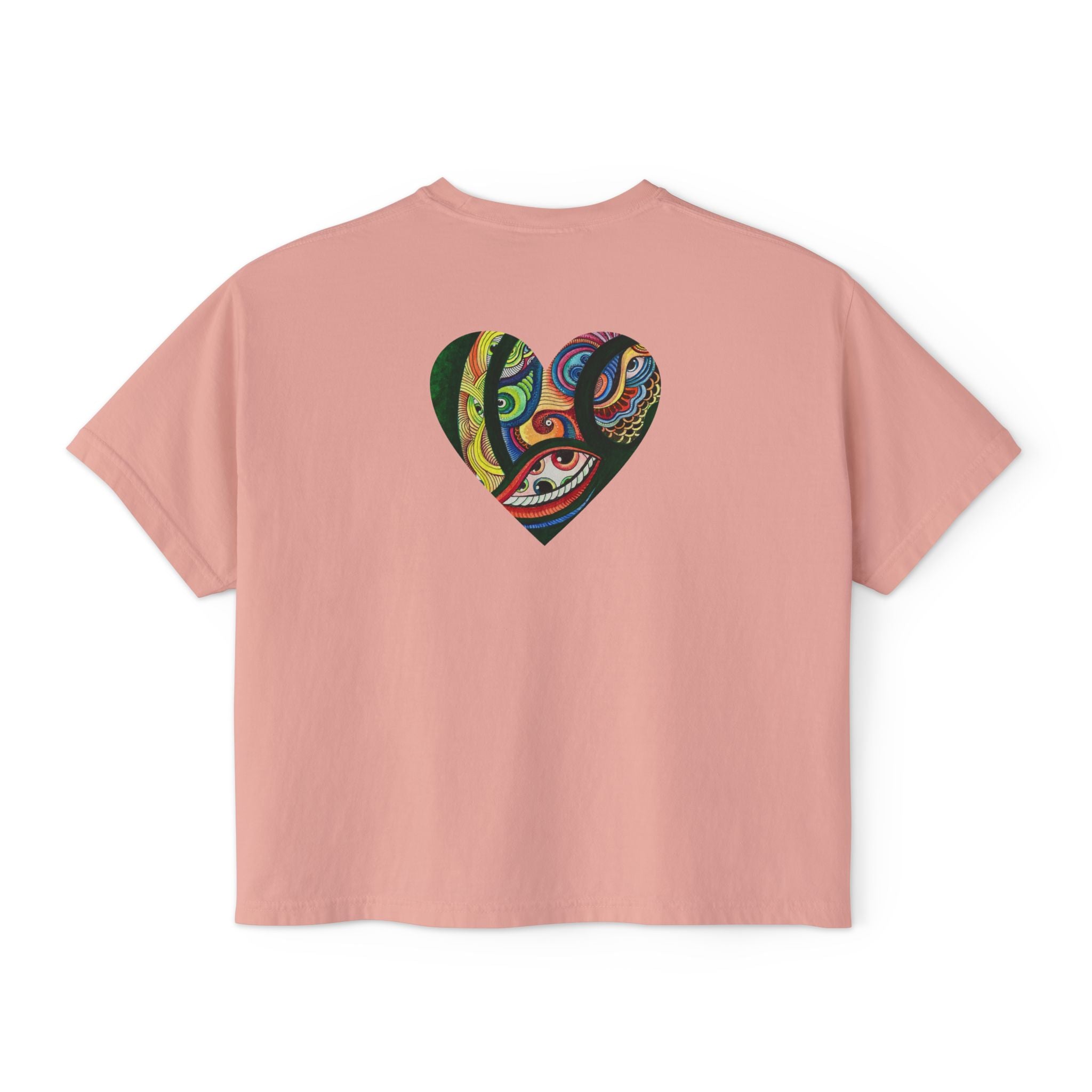 Women's Boxy Tee with Abstract Colorful Triangle (Front) & Heart (Back) Art — Casual Graphic Crop Top #hd9859