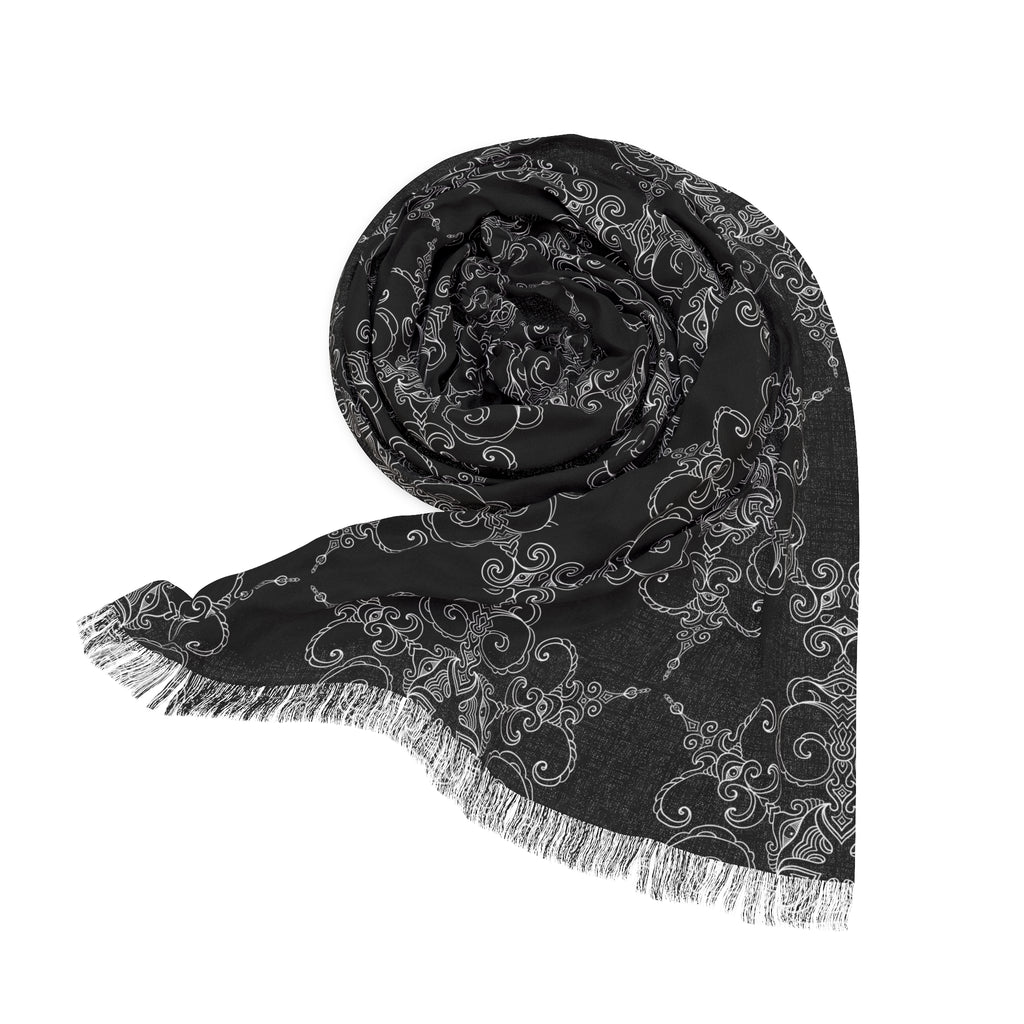 Intricate Filigree Light Scarf - Lightweight Black & Gray Patterned Wrap #h986457