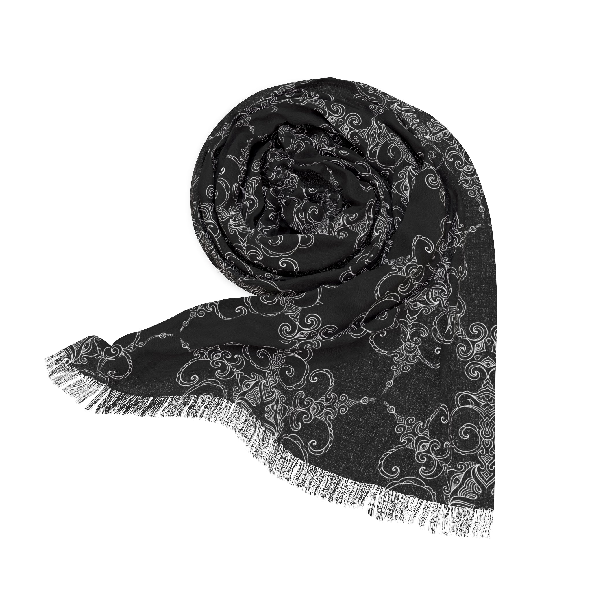 Intricate Filigree Light Scarf - Lightweight Black & Gray Patterned Wrap #h986457