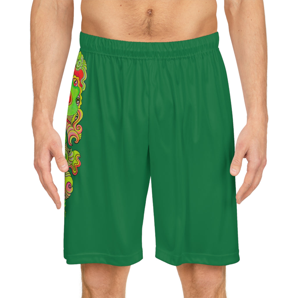 Green Dragon Swirl Basketball Shorts - Vibrant AOP Athletic Wear
