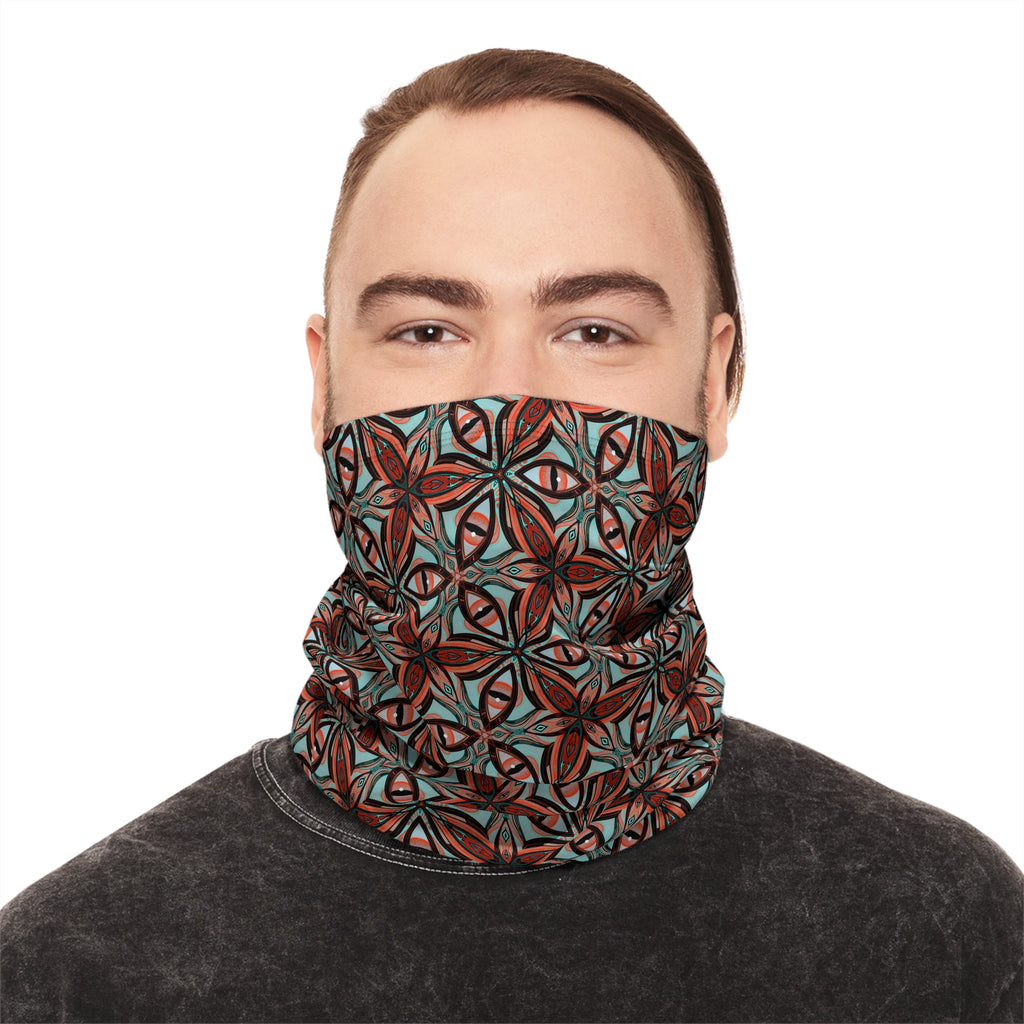 Patterned Winter Neck Gaiter — Red Teal Geometric Drawstring Face Mask