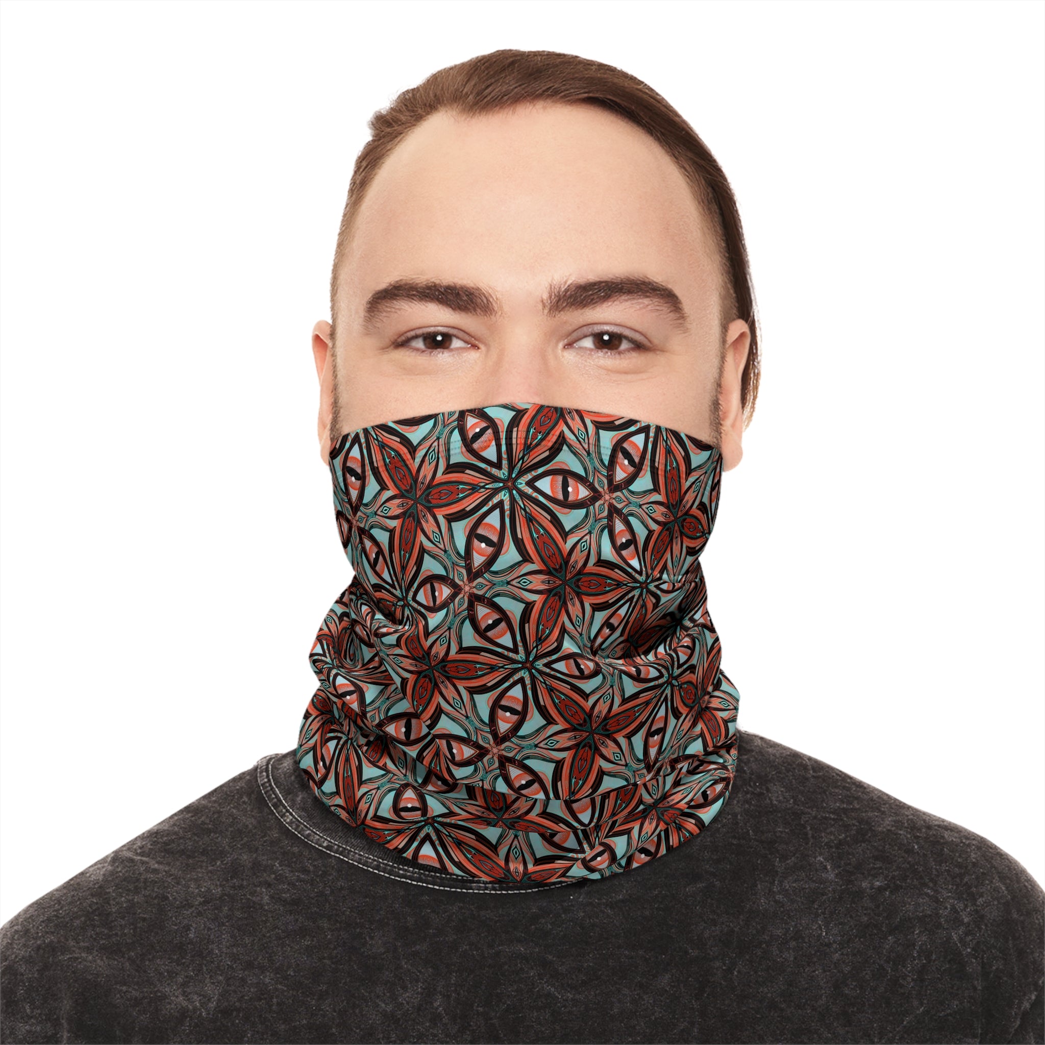 Patterned Winter Neck Gaiter — Red Teal Geometric Drawstring Face Mask