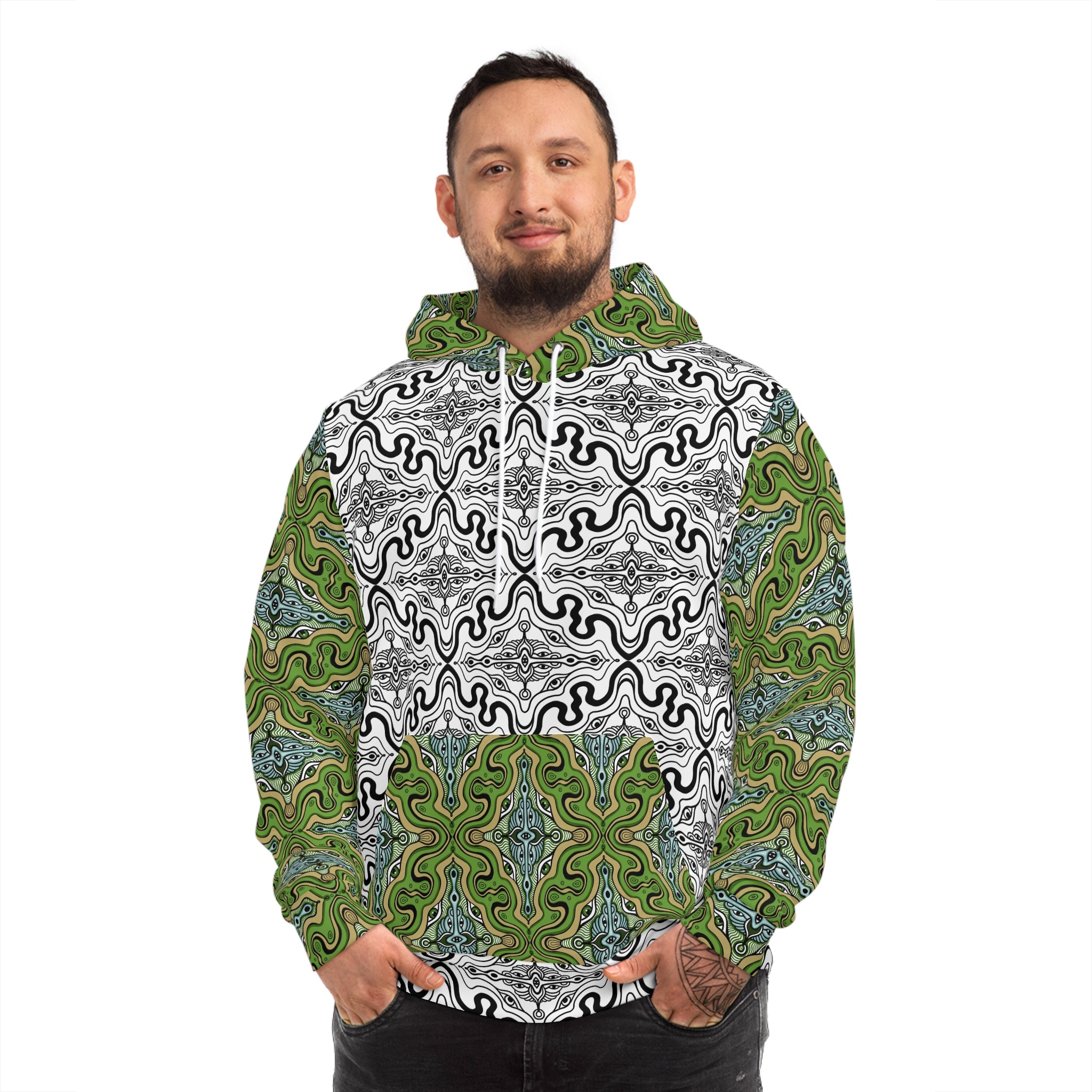 Green Psychedelic Pattern Hoodie — All-Over Print Abstract Hooded Sweatshirt #g98765346