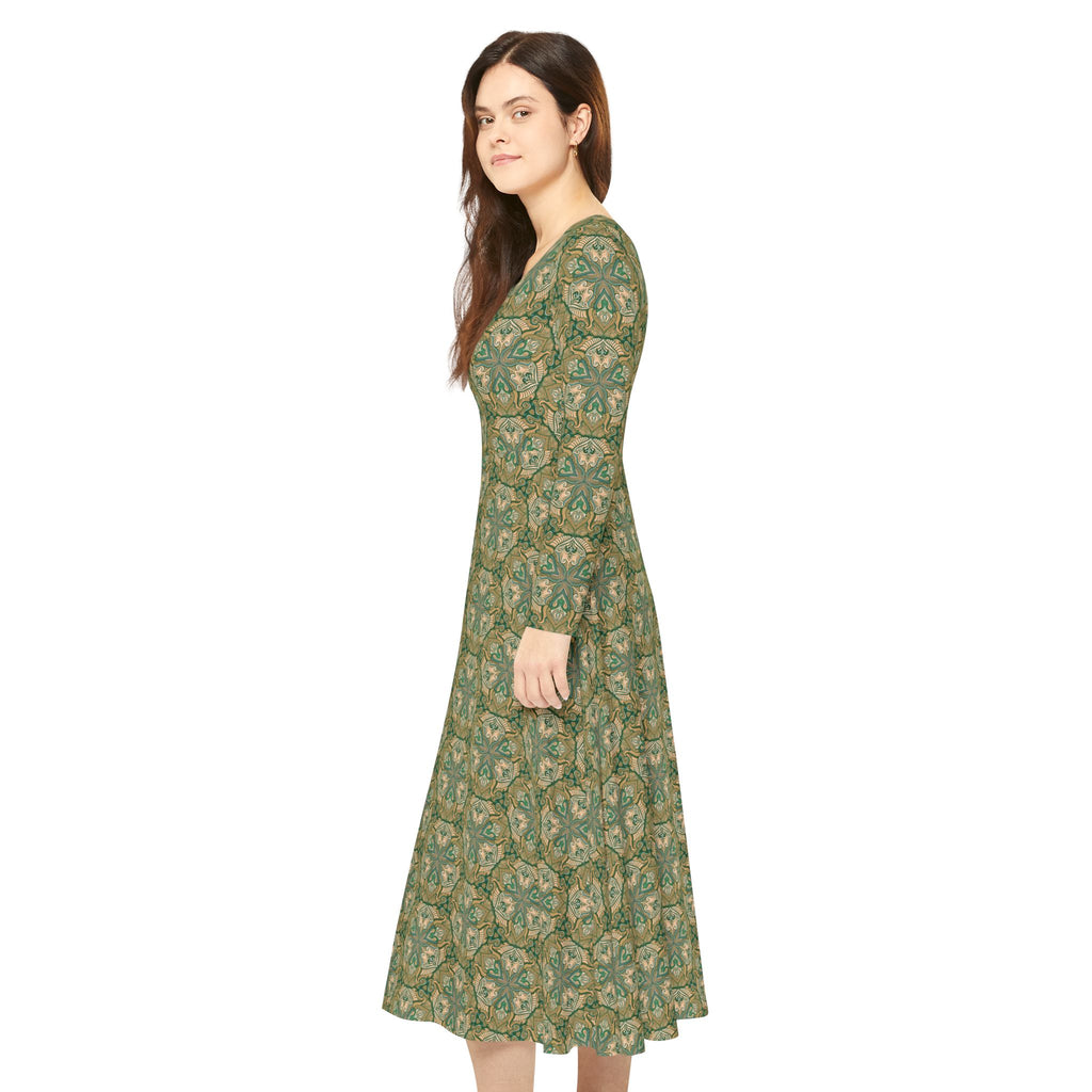 Green Vintage Floral Long Sleeve Dance Dress — All-Over Print #gh8420